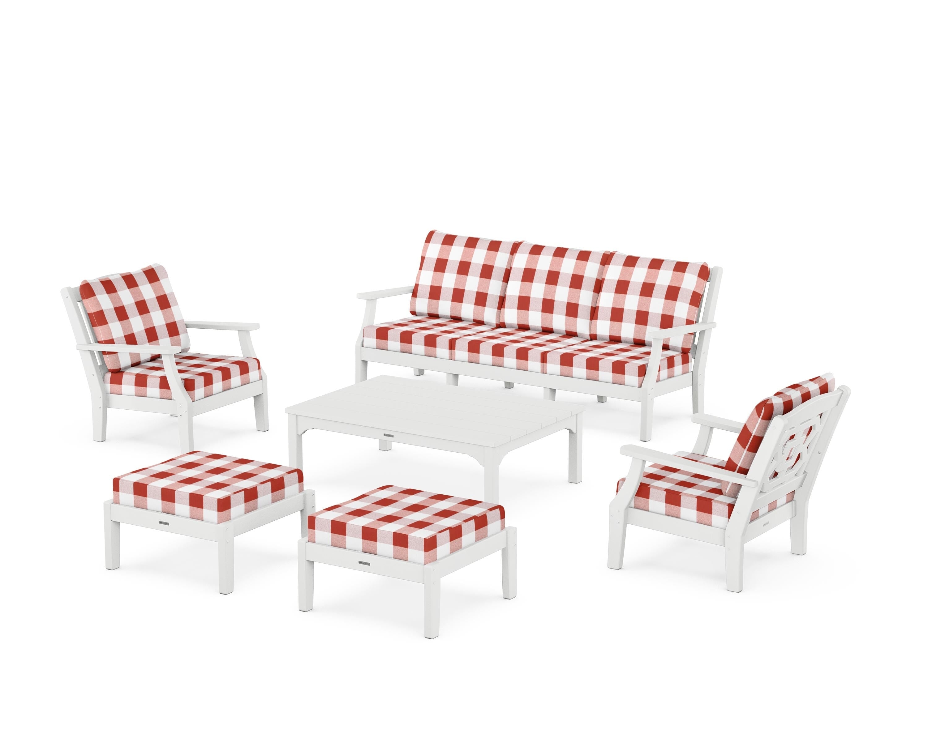 Martha Stewart by POLYWOOD® Chinoiserie 6-Piece Lounge Sofa Set in White / Buffalo Plaid Crimson