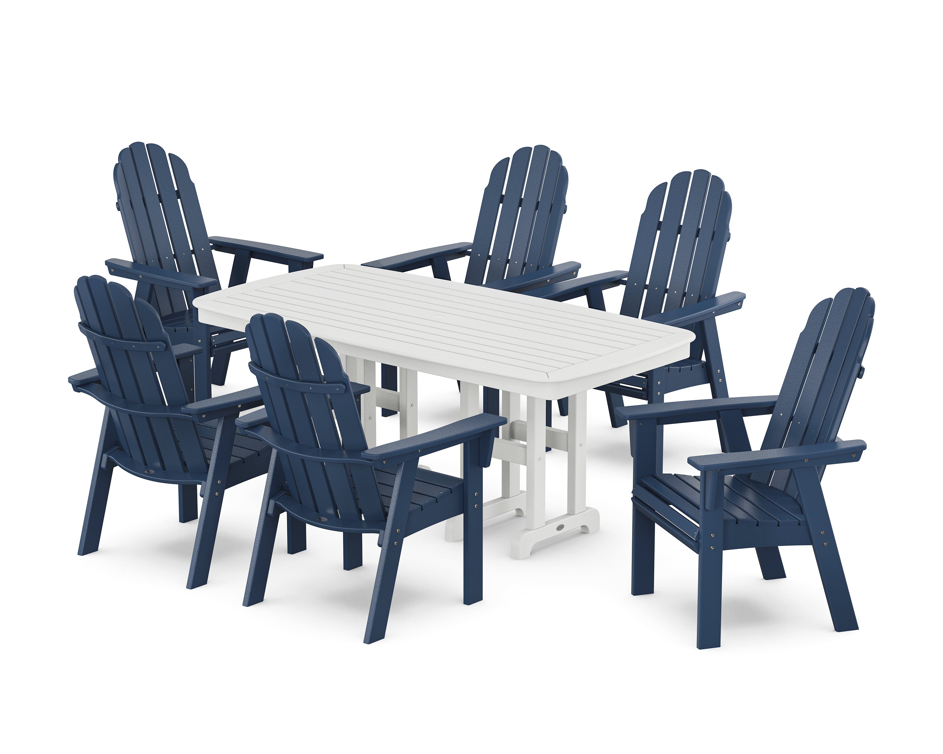 POLYWOOD® Vineyard Curveback Adirondack Chair 7-Piece Dining Set in Navy / White