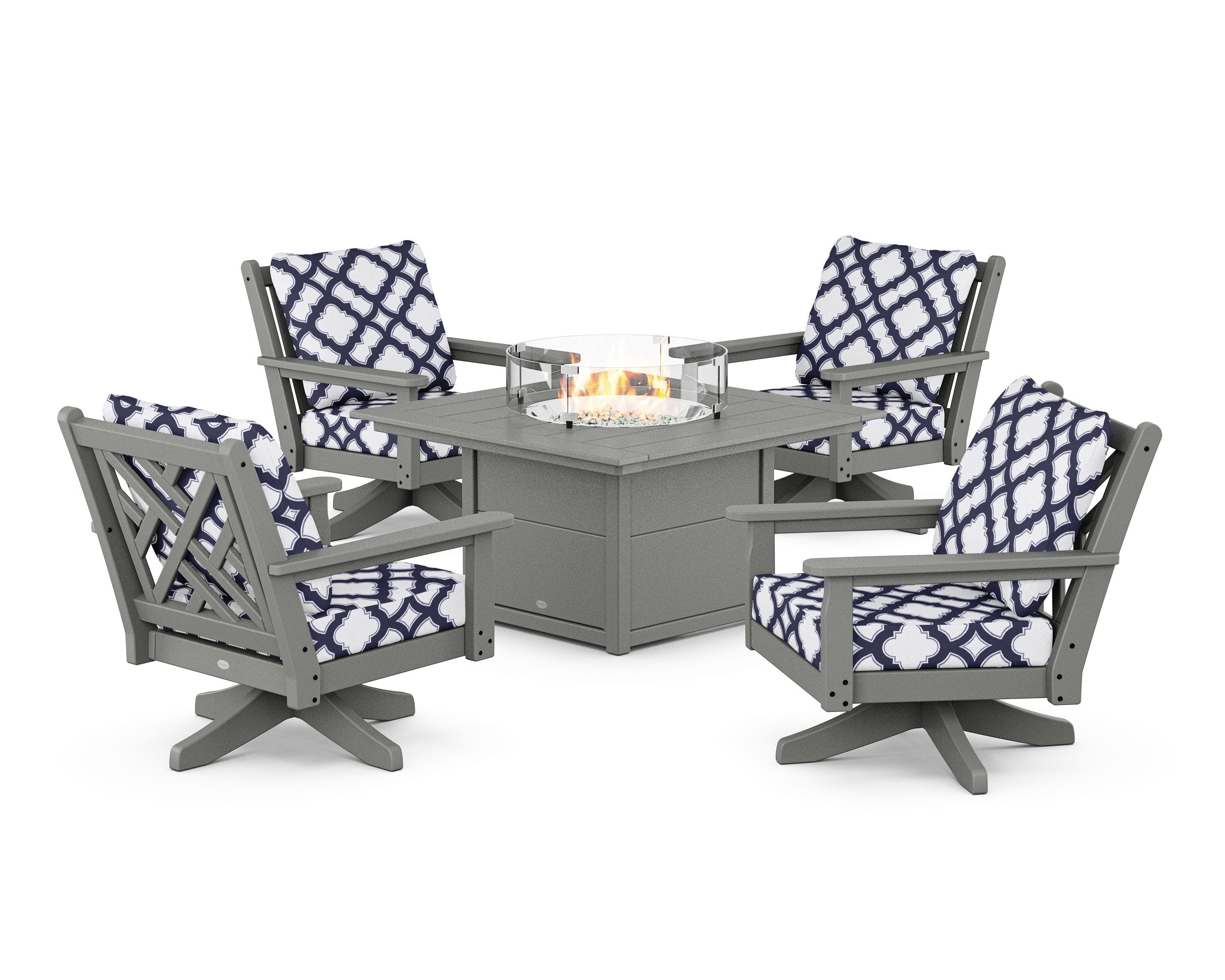 POLYWOOD® Chippendale 5-Piece Deep Seating Swivel Conversation Set with Fire Pit Table in Slate Grey / Trellis Navy