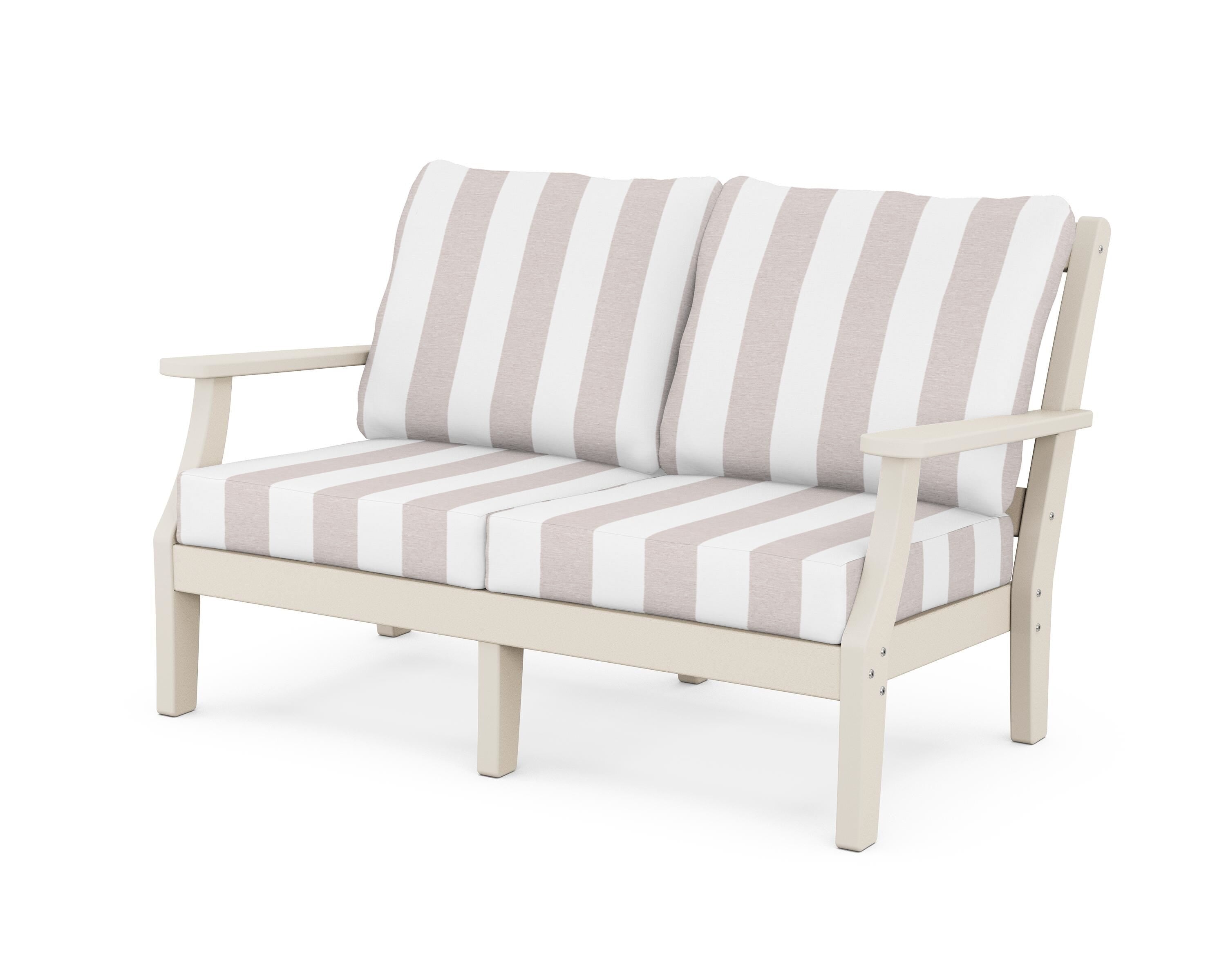 Martha Stewart by POLYWOOD® Chinoiserie Deep Seating Loveseat in Sand / Cabana Stripe Dune Burlap