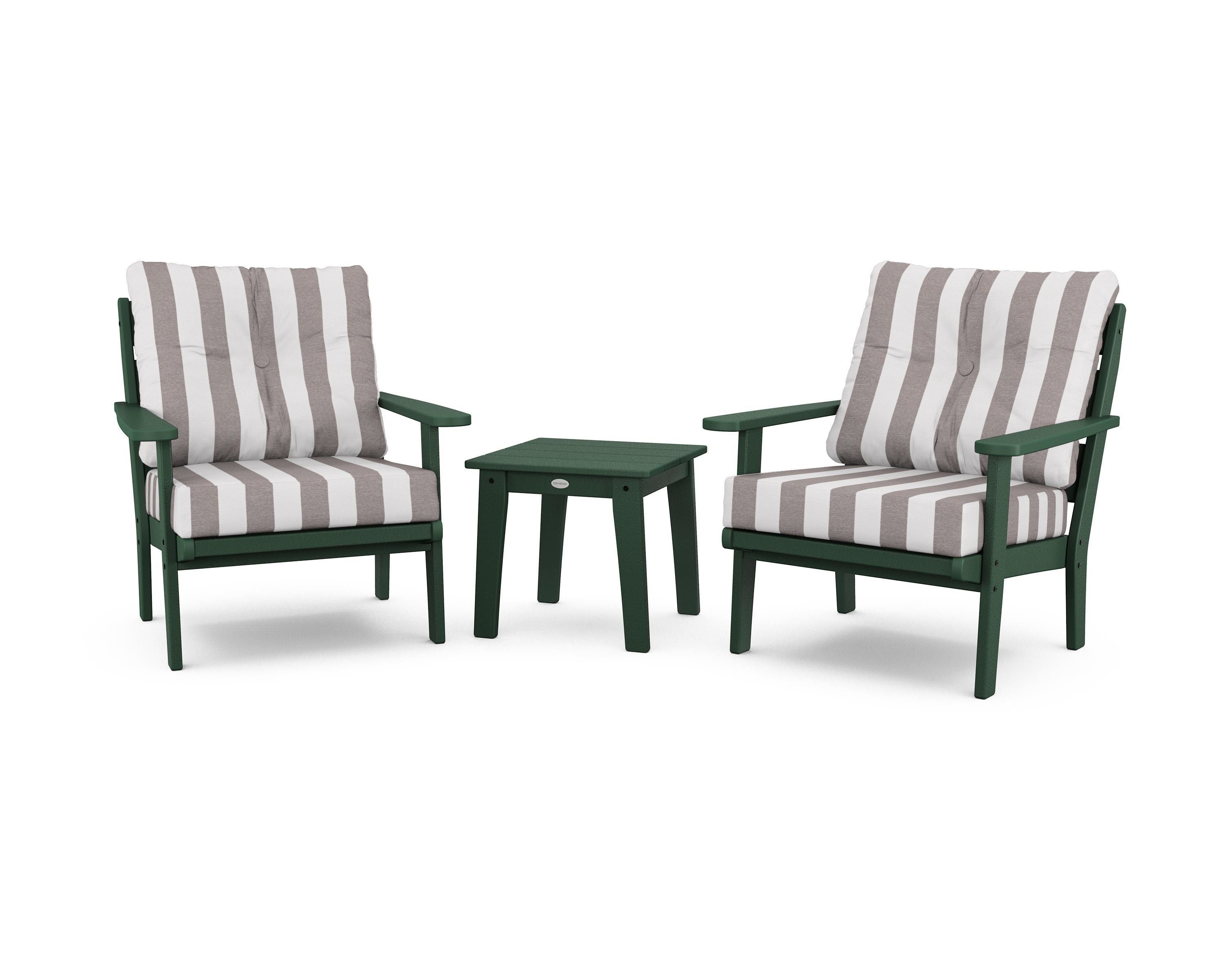 POLYWOOD® Lakeside 3-Piece Deep Seating Chair Set in Green / Cabana Stripe Grey Mist