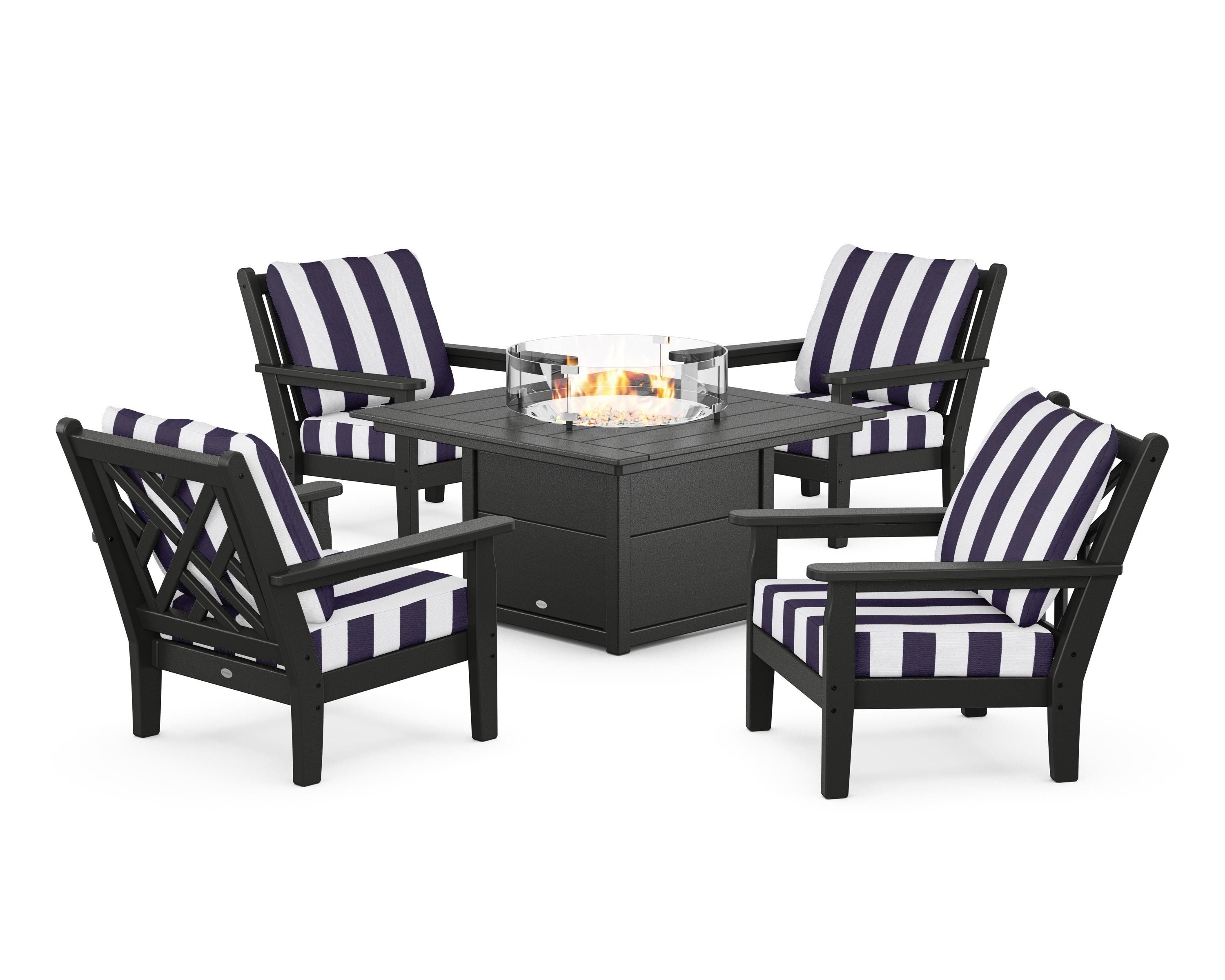 POLYWOOD® Chippendale 5-Piece Deep Seating Set with Fire Pit Table in Black / Cabana Stripe Navy