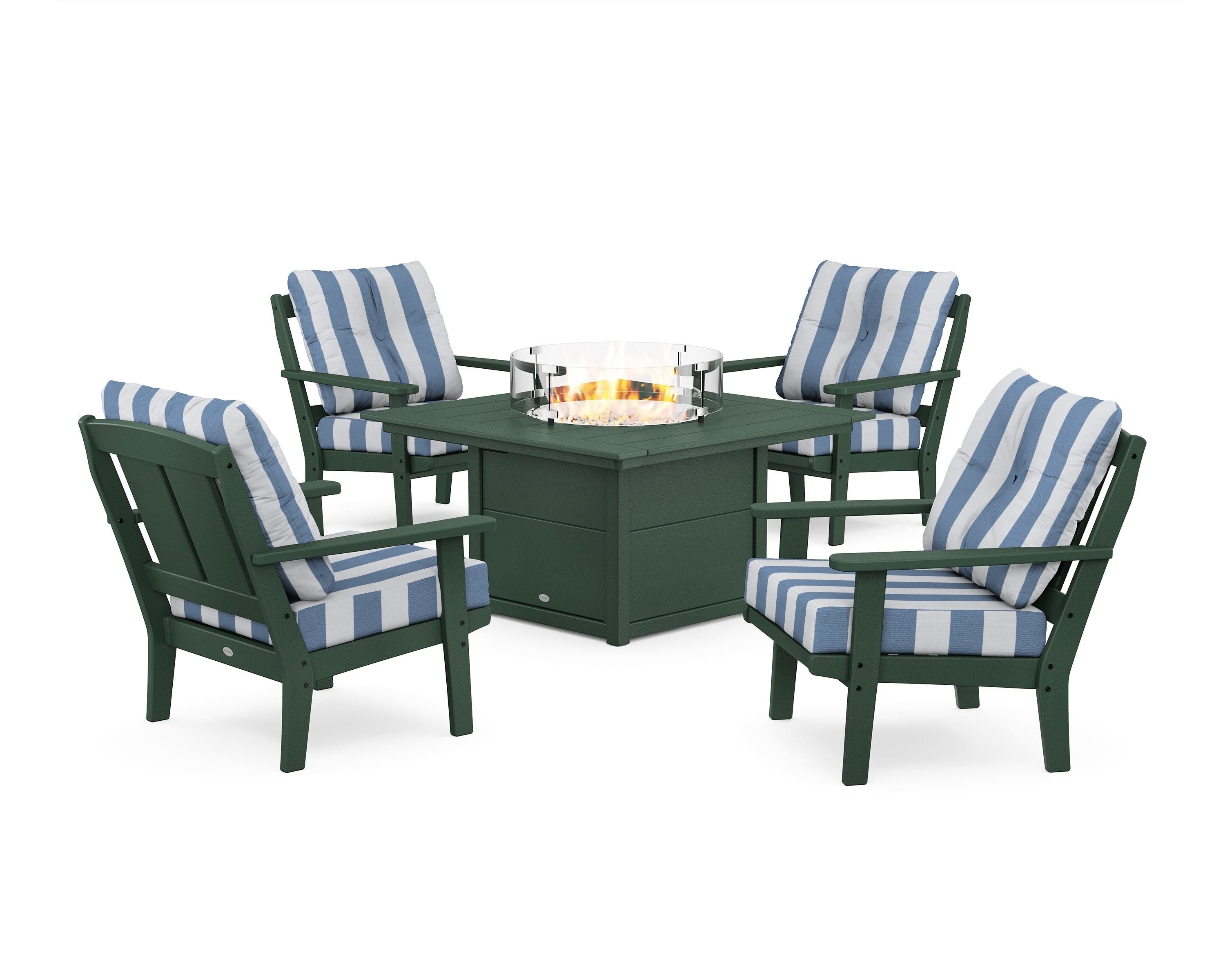 POLYWOOD® Mission 5-Piece Deep Seating Set with Fire Pit Table in Green / Cabana Stripe Sky Blue