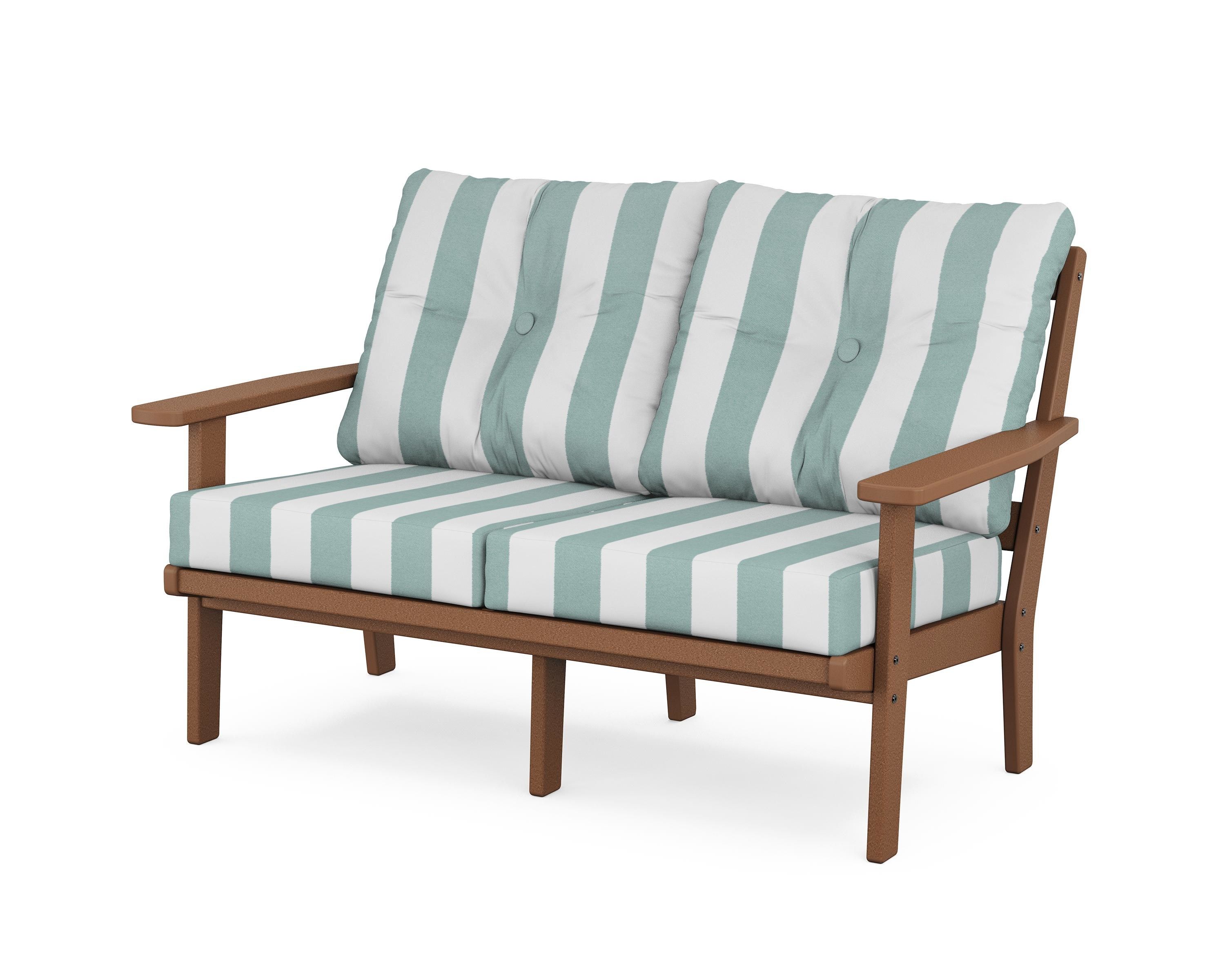 POLYWOOD® Prairie Deep Seating Loveseat in Teak / Cabana Stripe Glacier Spa