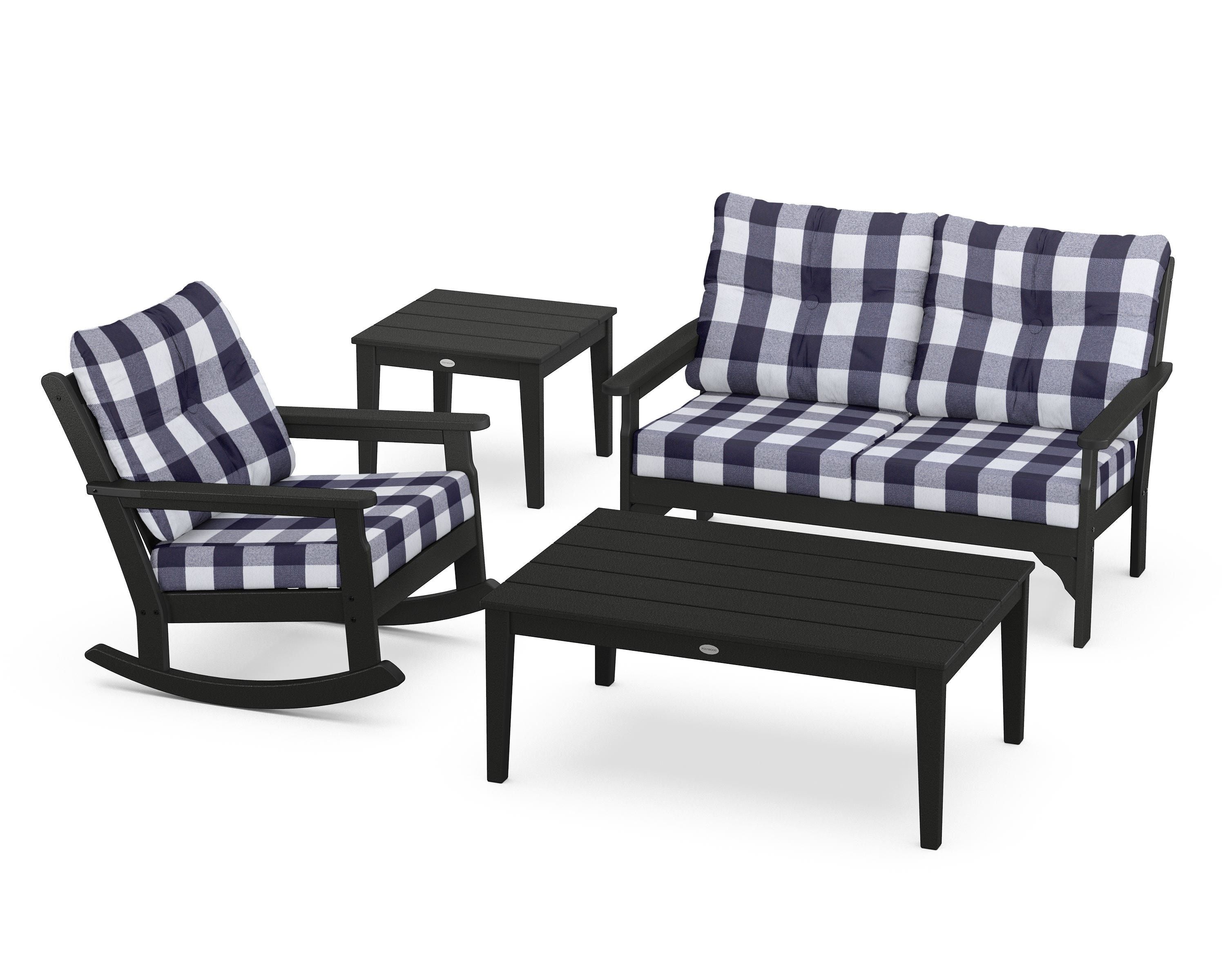 POLYWOOD® Vineyard 4-Piece Deep Seating Rocker Set in Black / Buffalo Plaid Navy