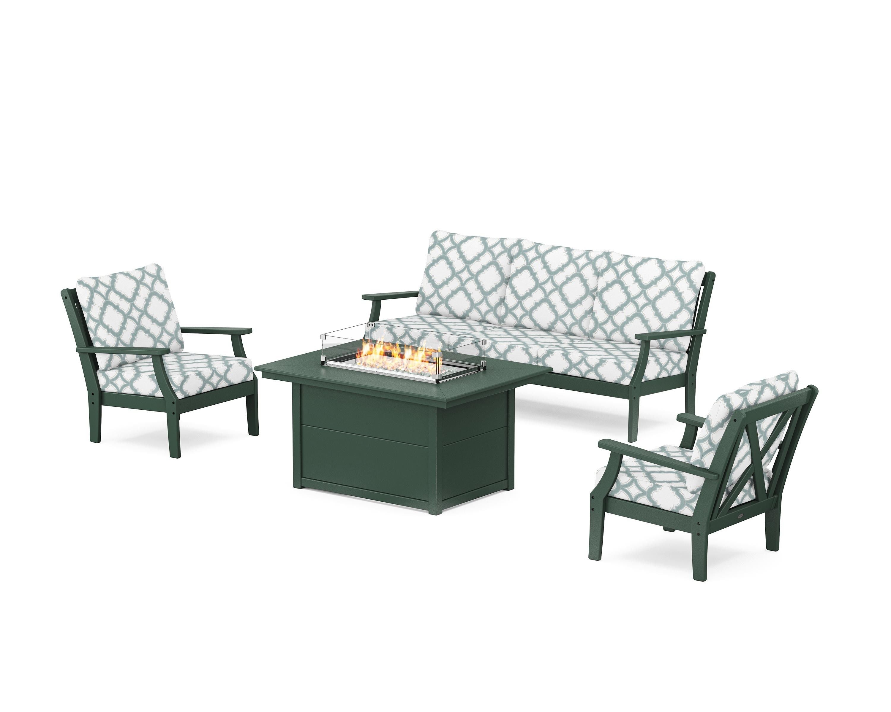 POLYWOOD® Braxton Deep Seating Fire Pit Table Set in Green / Trellis Glacier Spa