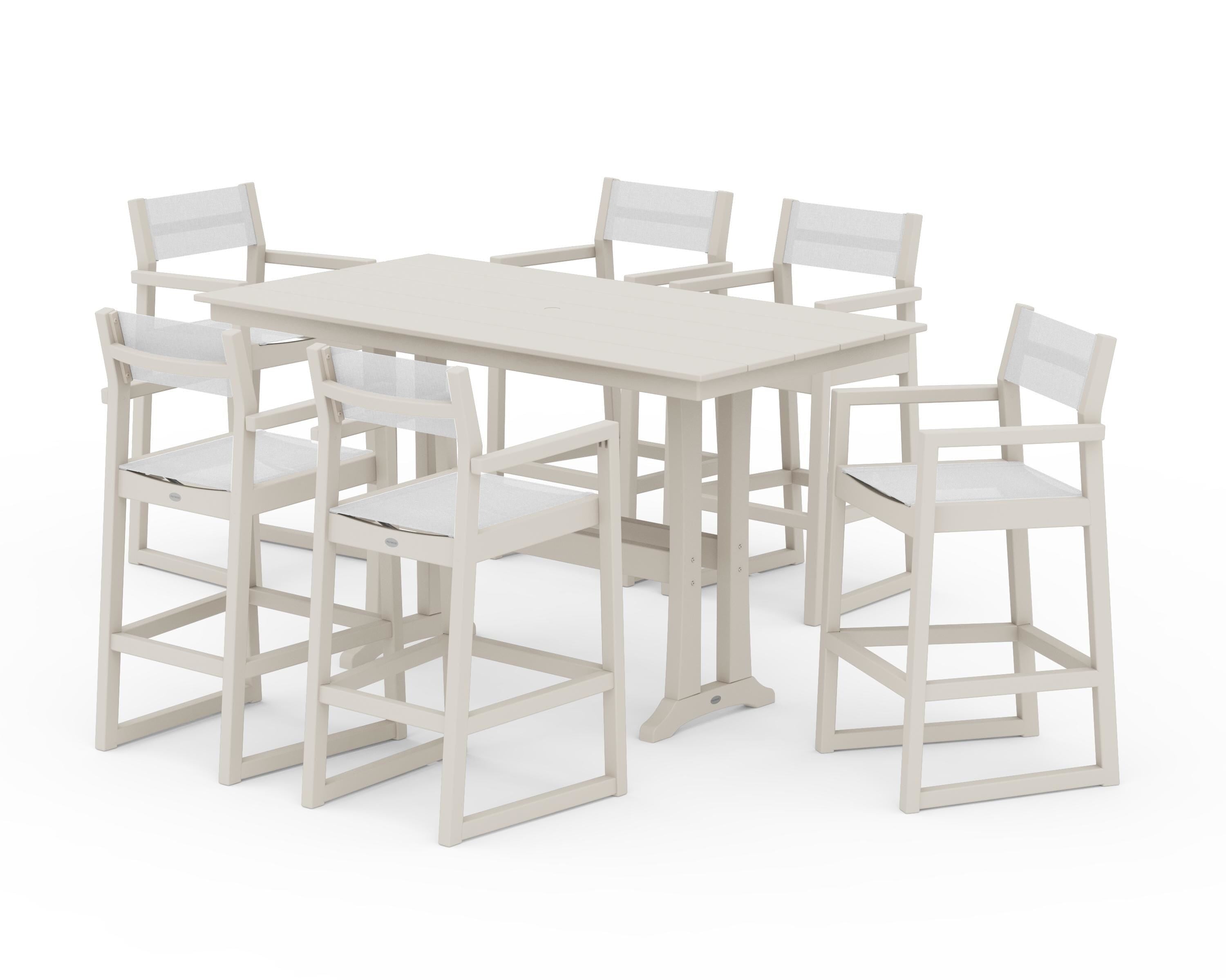 POLYWOOD® EDGE Sling Arm Chair 7-Piece Farmhouse Bar Set with Trestle Legs in Sand / White Sling