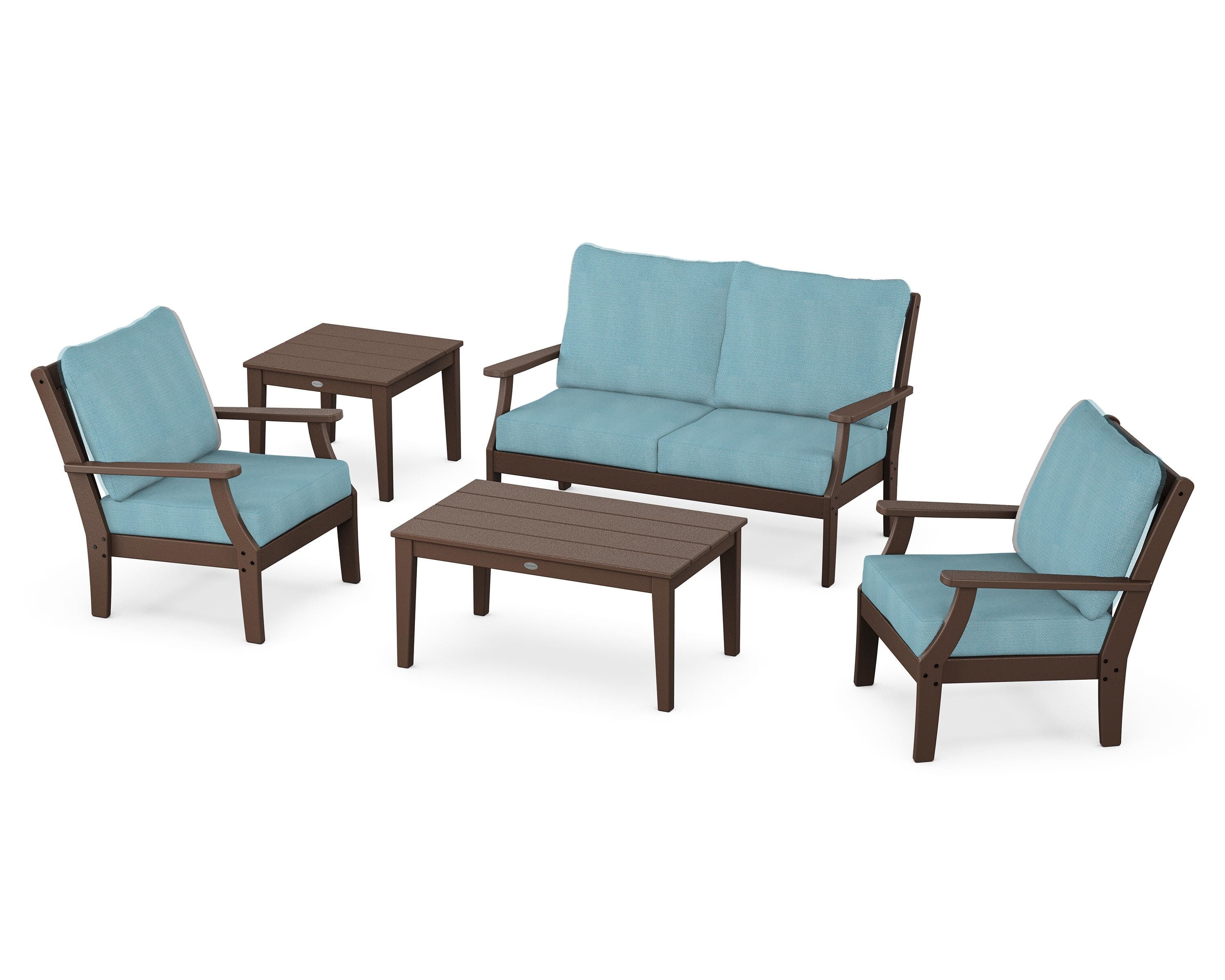 POLYWOOD® Braxton 5-Piece Deep Seating Set in Mahogany / Lattice Sky Blue