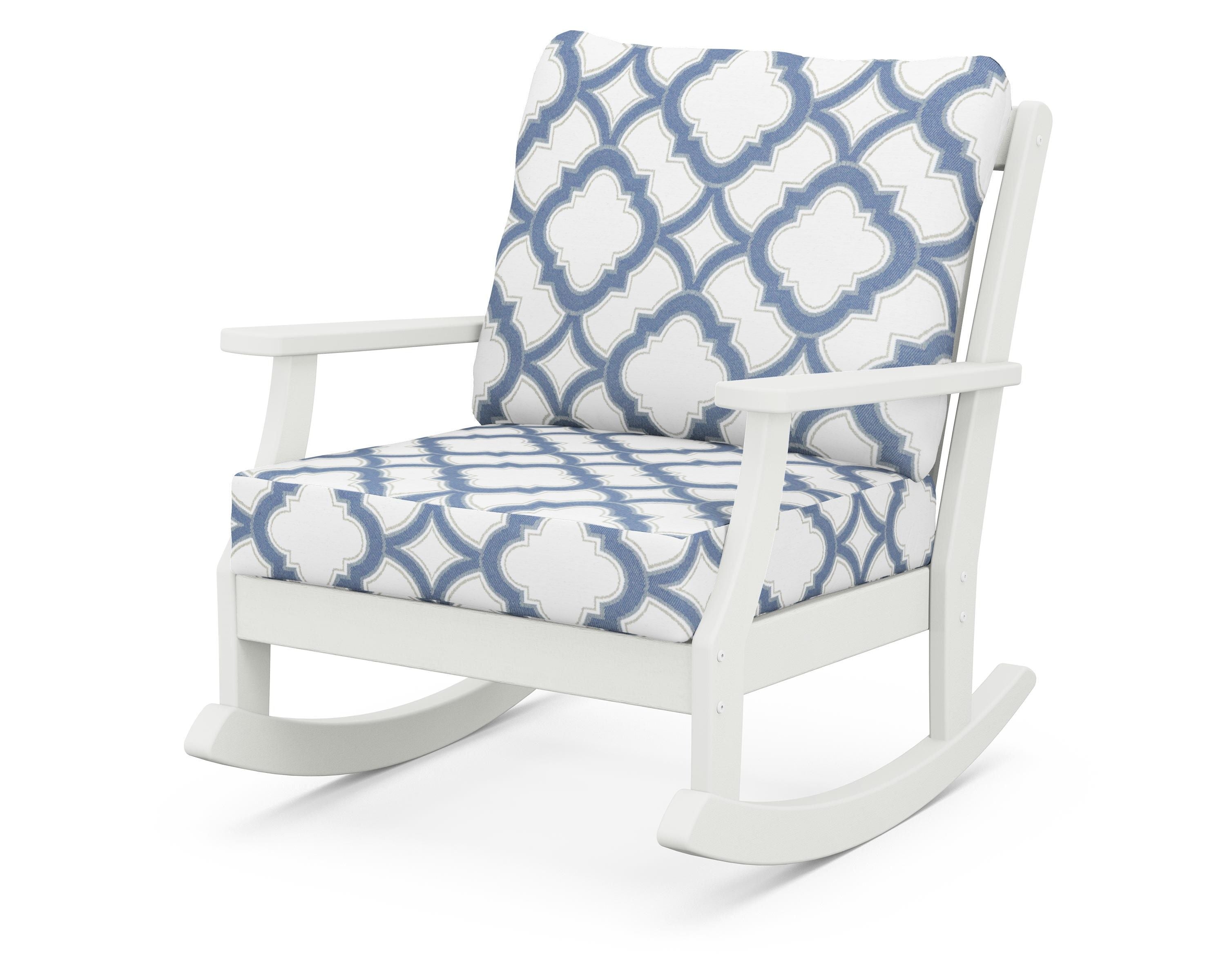 POLYWOOD® Braxton Deep Seating Rocking Chair in Vintage White / Trellis Sky Blue