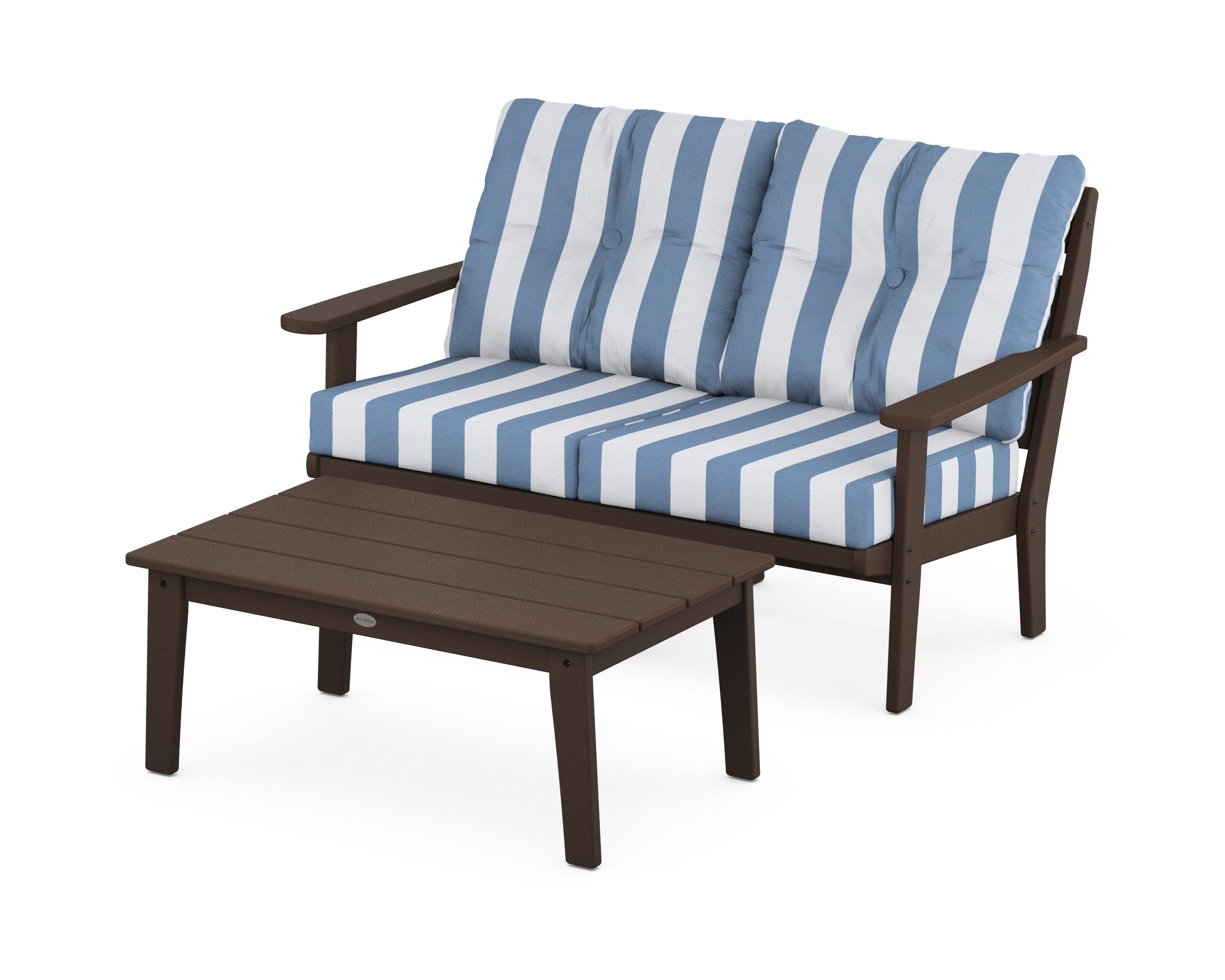 POLYWOOD® Lakeside 2-Piece Lounge Loveseat Set in Mahogany / Cabana Stripe Sky Blue