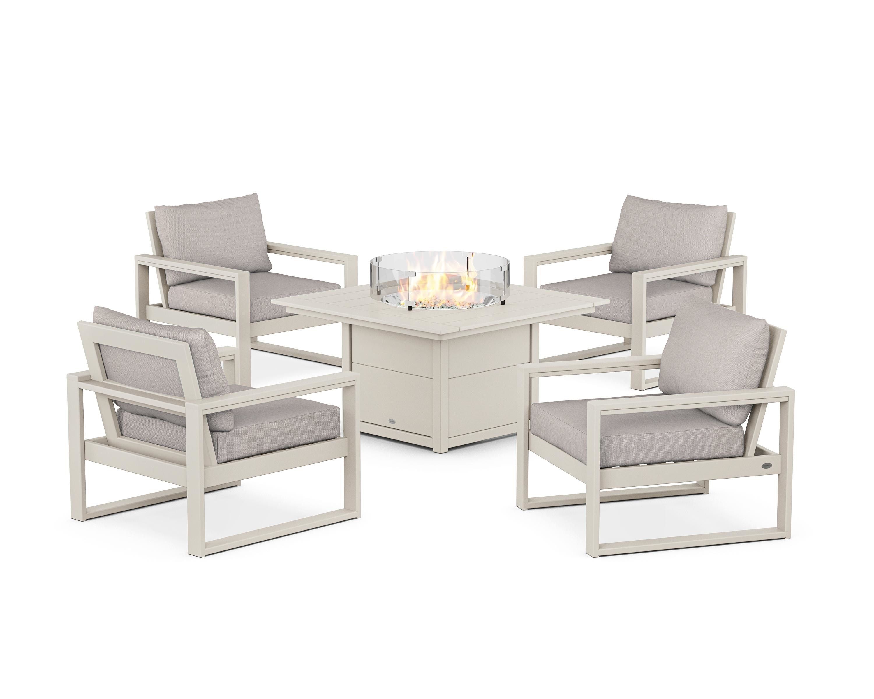 POLYWOOD® EDGE Sectional 5-Piece Deep Seating Set with Fire Pit Table in Sand / Dune Burlap