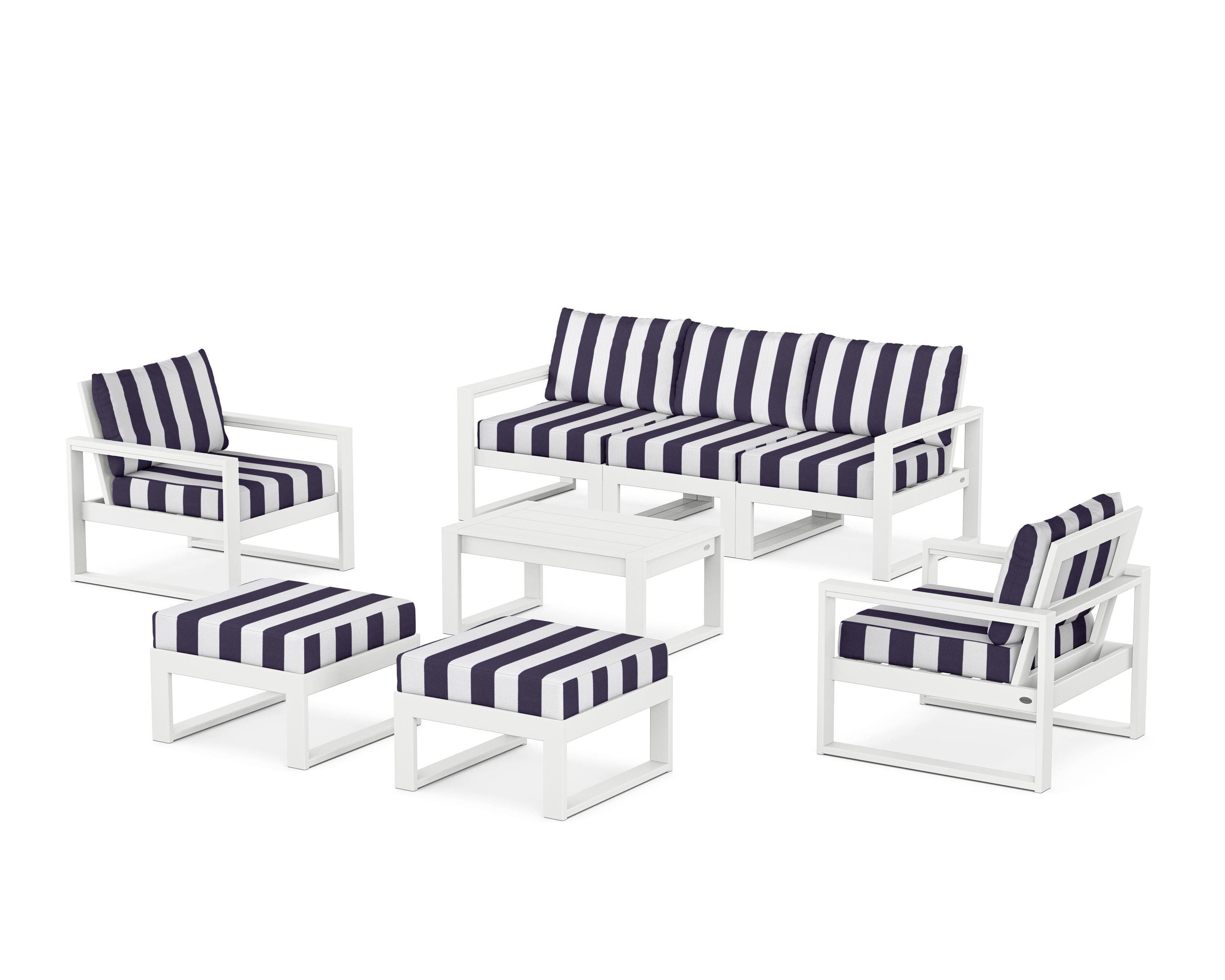 POLYWOOD® EDGE Sectional 8-Piece Lounge Sofa Set in White / Cabana Stripe Navy