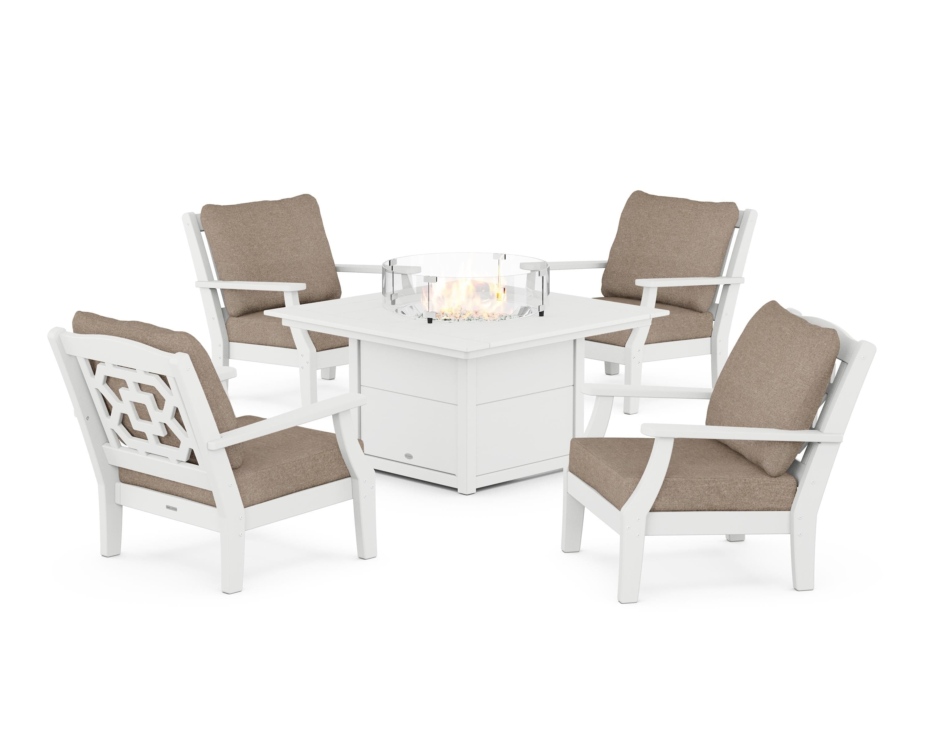 Martha Stewart by POLYWOOD® Chinoiserie 5-Piece Deep Seating Set with Fire Pit Table in White / Spiced Burlap