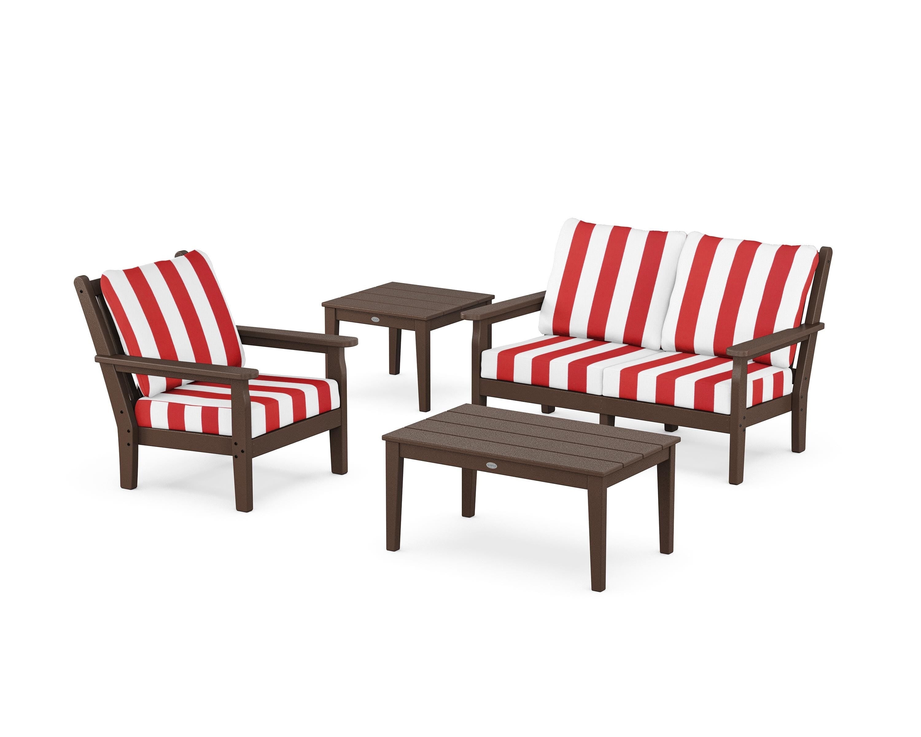 POLYWOOD® Chippendale 4-Piece Deep Seating Set in Mahogany / Cabana Stripe Crimson