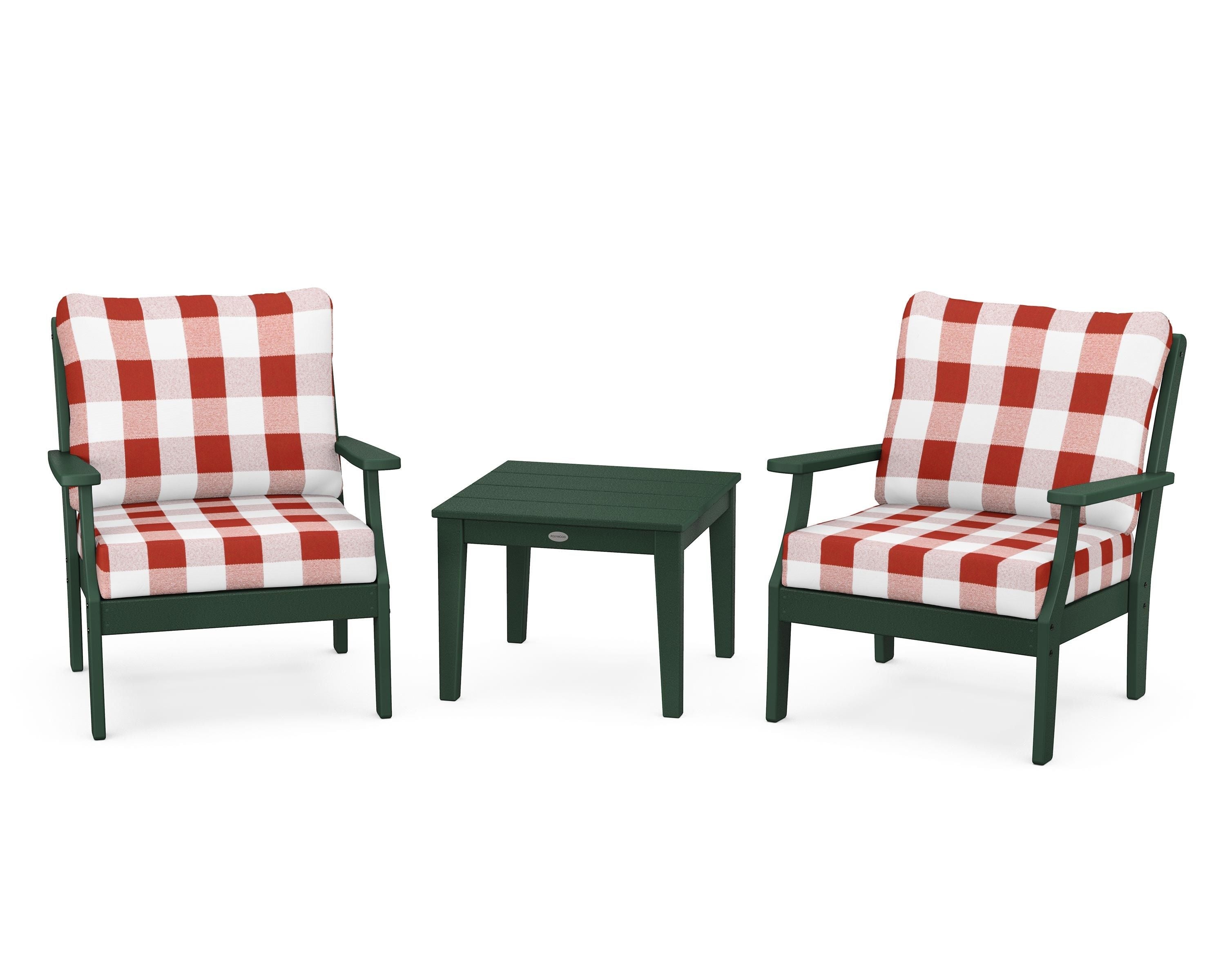 POLYWOOD® Braxton 3-Piece Deep Seating Set in Green / Buffalo Plaid Crimson