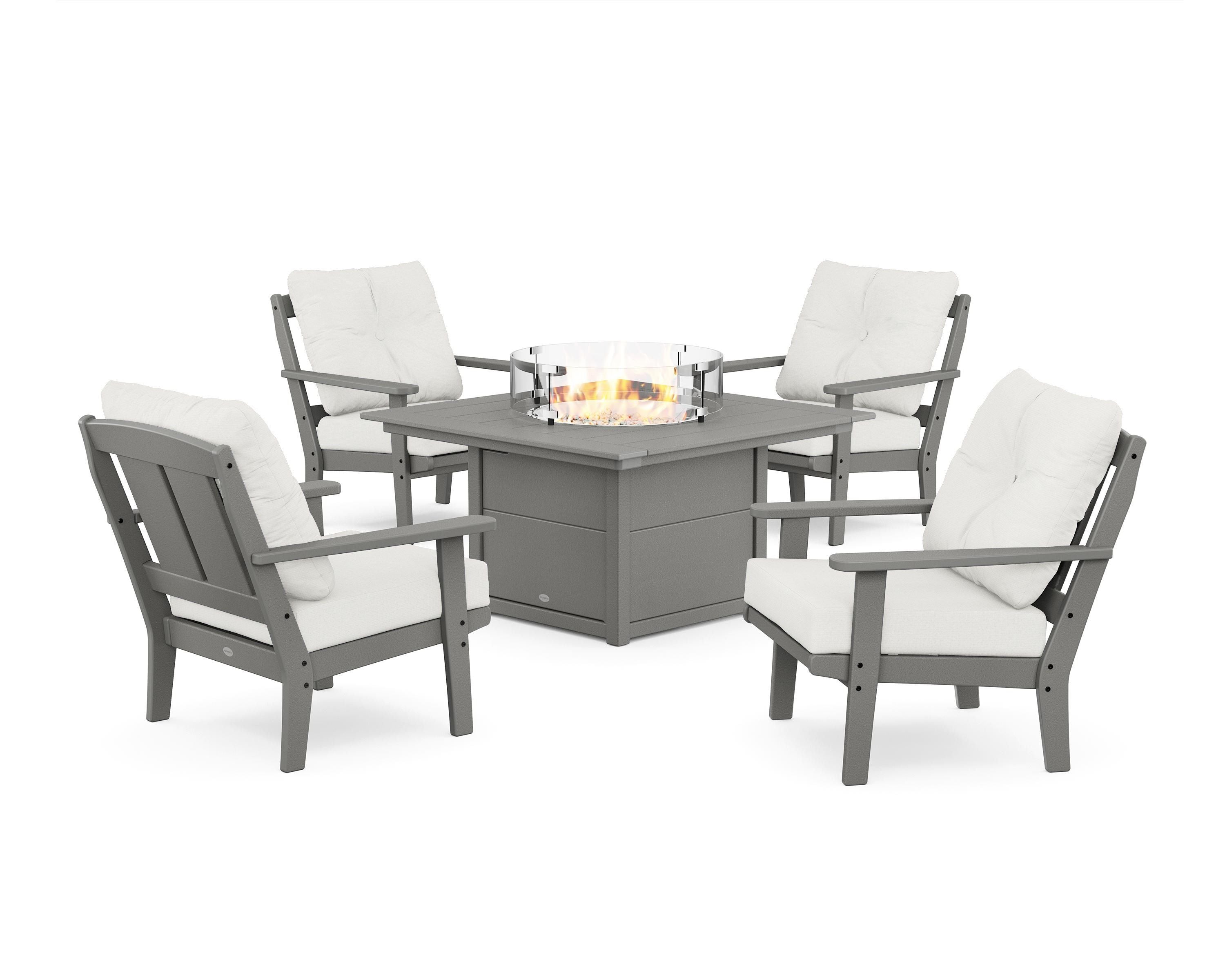 POLYWOOD® Mission 5-Piece Deep Seating Set with Fire Pit Table in Slate Grey / Natural Linen