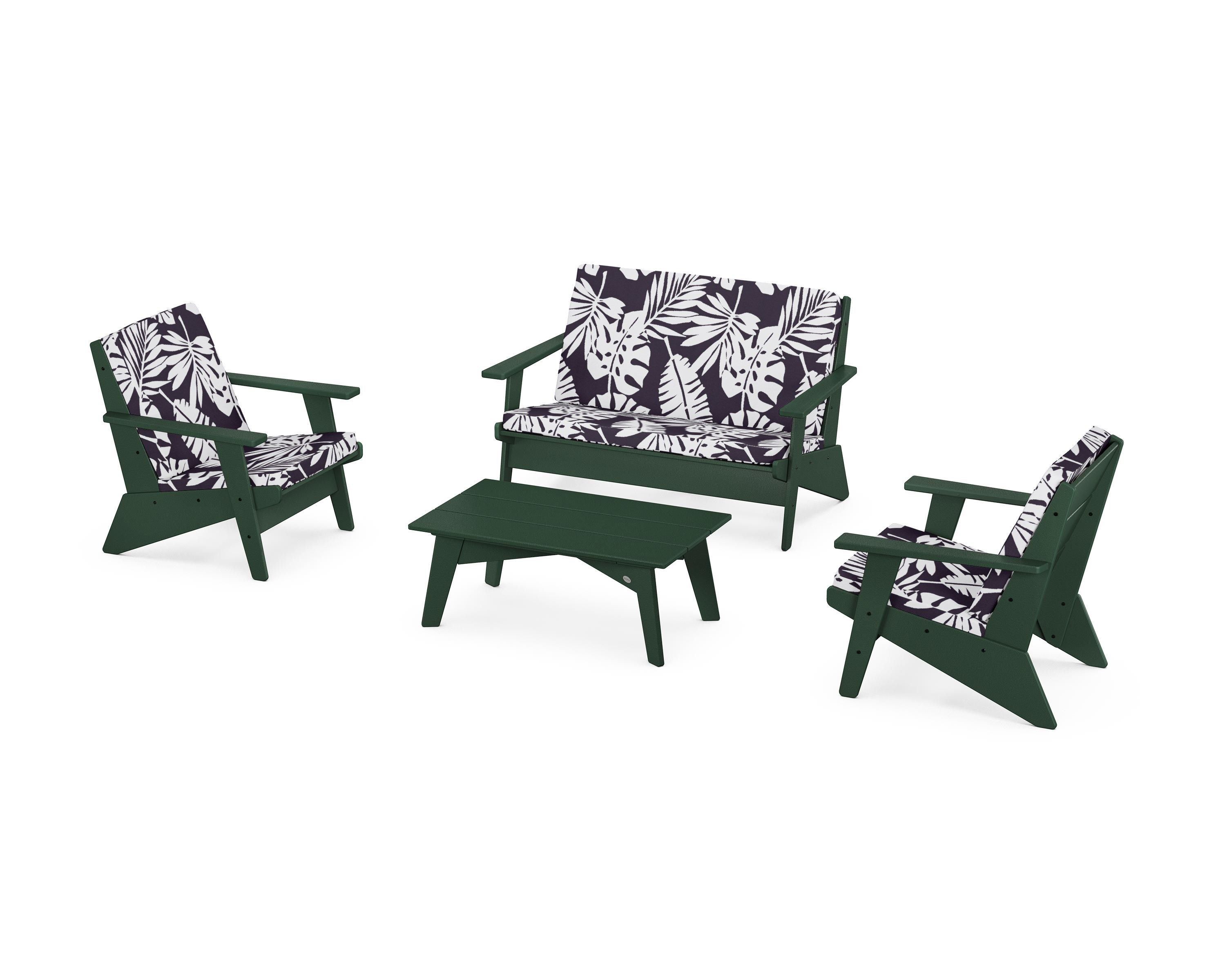 POLYWOOD® Riviera Modern Lounge 4-Piece Set in Green / Leaf Navy
