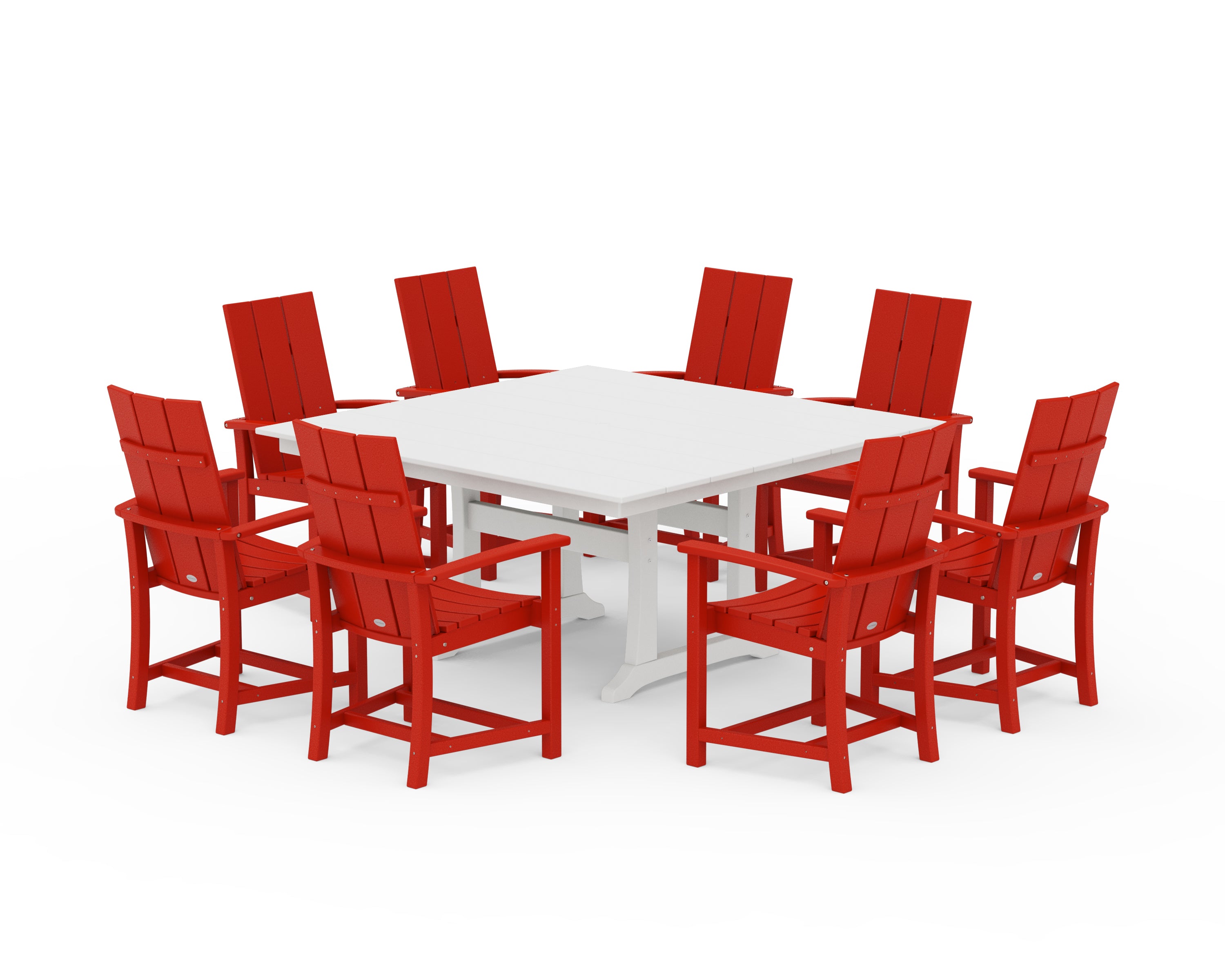 POLYWOOD® Modern Adirondack 9-Piece Farmhouse Trestle Dining Set in Sunset Red / White