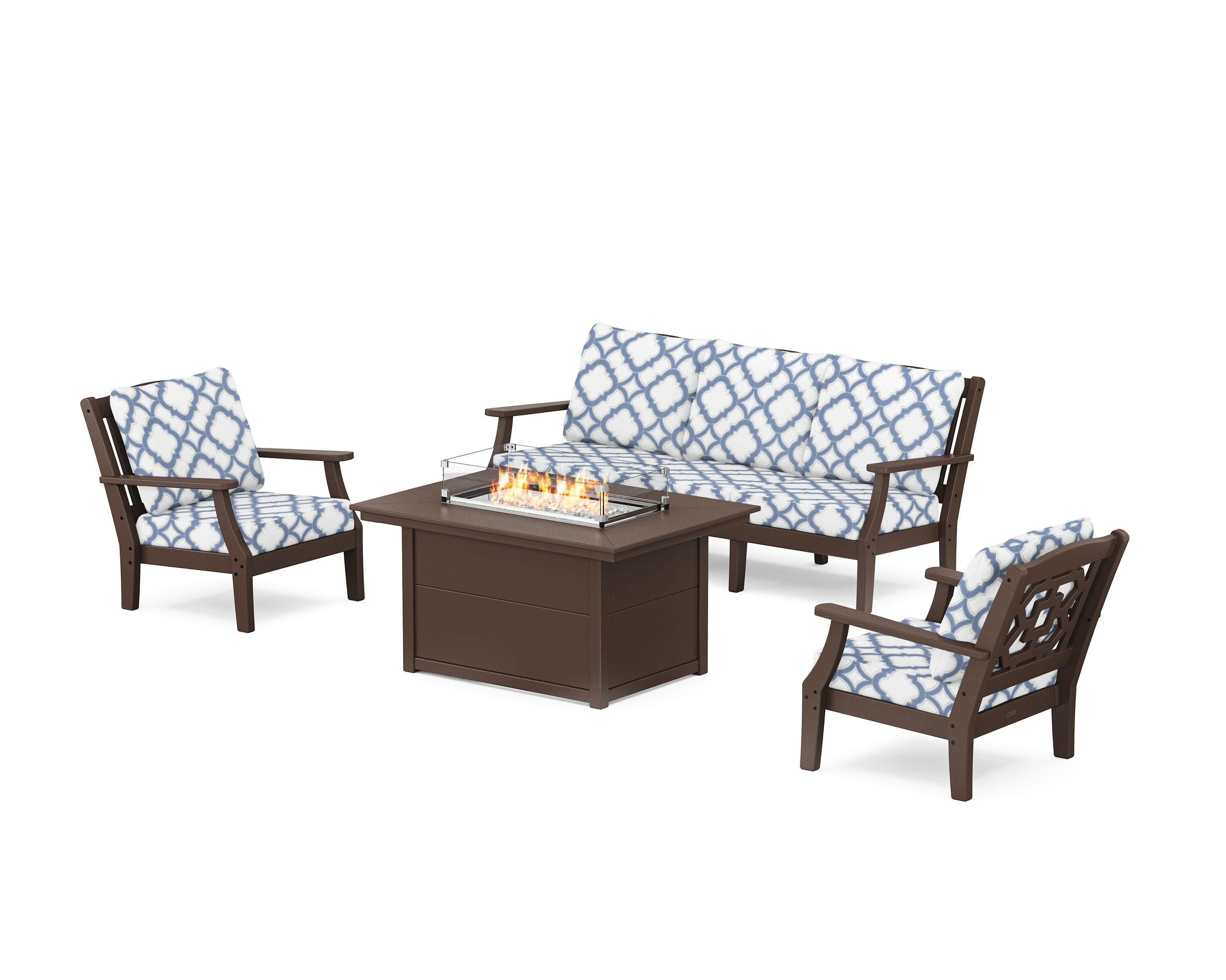 Martha Stewart by POLYWOOD® Chinoiserie Deep Seating Fire Pit Table Set in Mahogany / Trellis Sky Blue