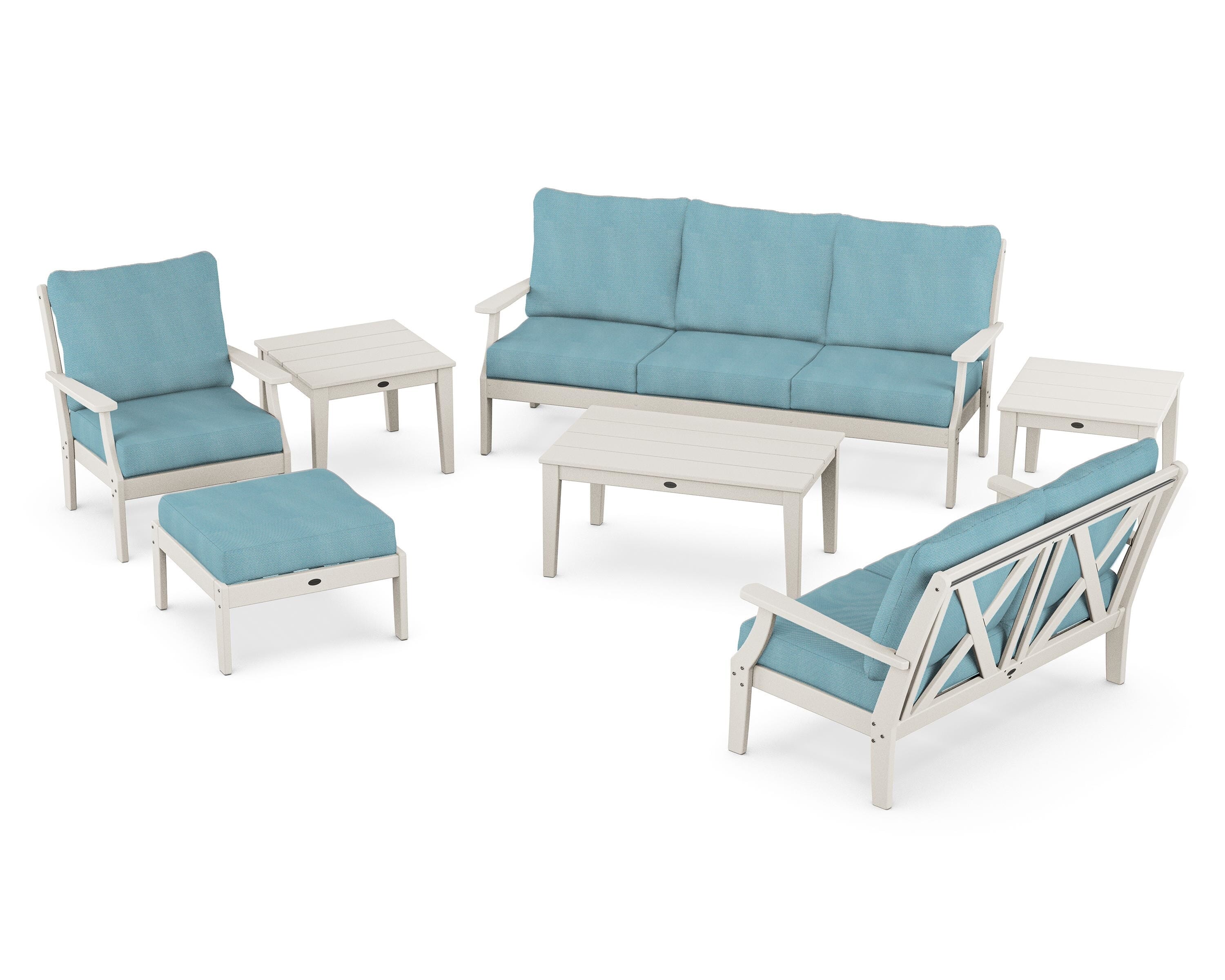 POLYWOOD® Braxton 7-Piece Deep Seating Set in Sand / Lattice Sky Blue