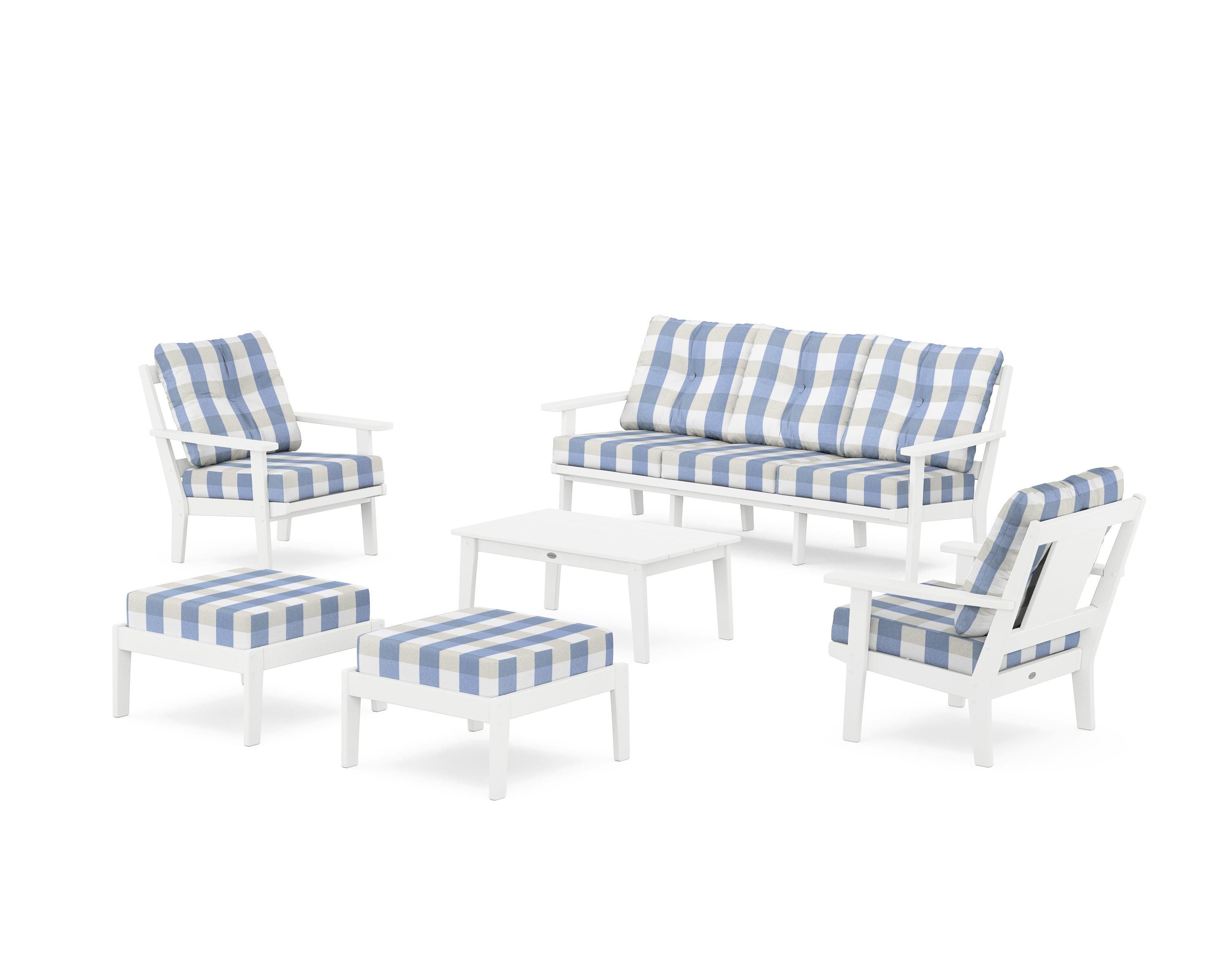 POLYWOOD® Prairie 6-Piece Lounge Sofa Set in White / Buffalo Plaid Sky Blue