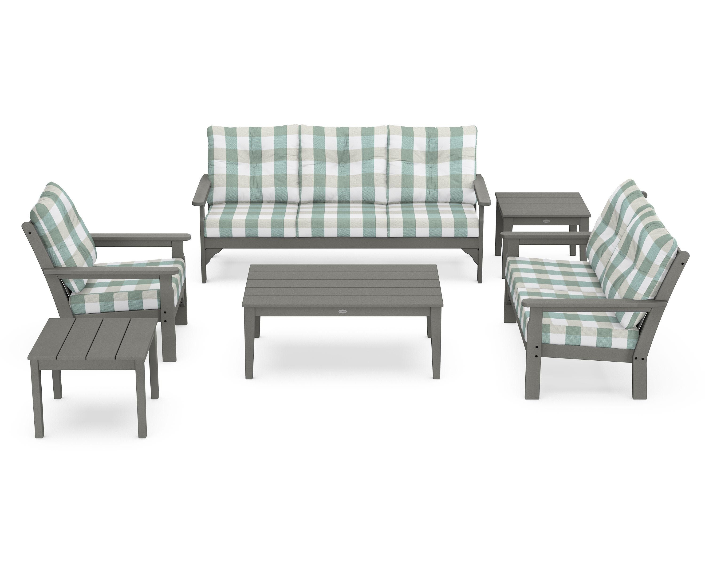 POLYWOOD® Vineyard 6-Piece Deep Seating Set in Slate Grey / Buffalo Plaid Glacier Spa