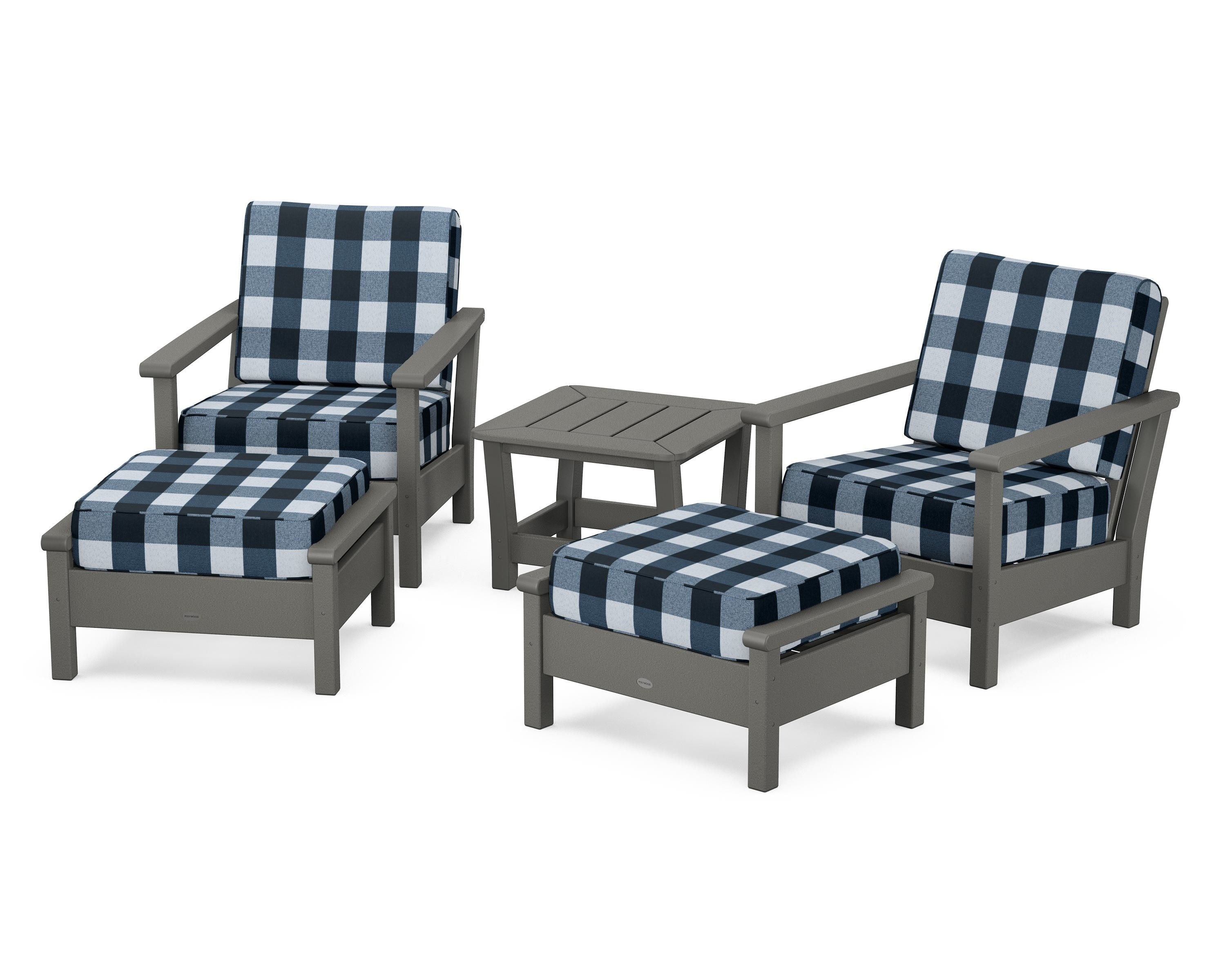 POLYWOOD® Harbour 5-Piece Deep Seating Chair Set in Slate Grey / Buffalo Plaid Marine Indigo