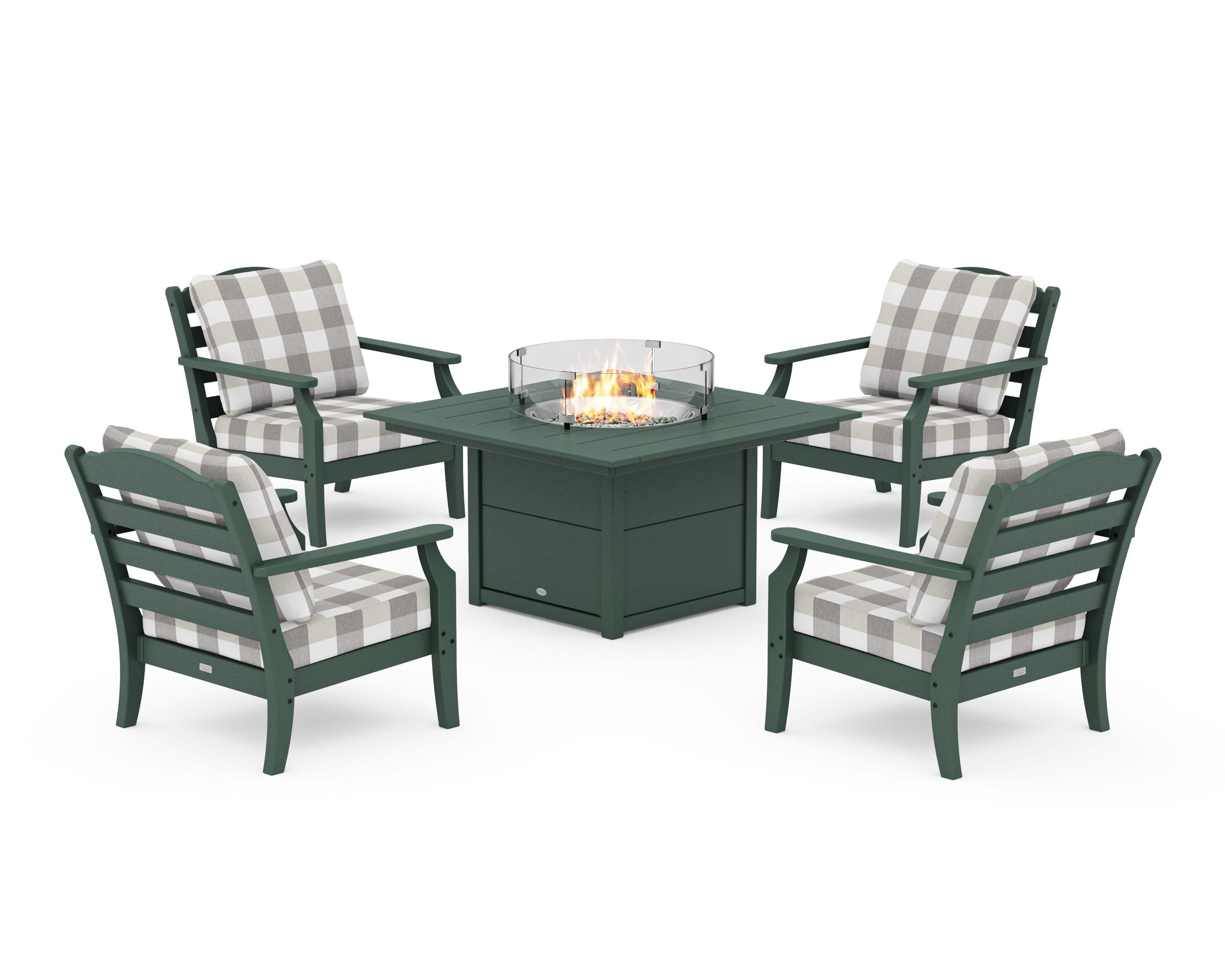 Draper James™ by POLYWOOD® Savannah 5-Piece Deep Seating Set with Fire Pit Table in Green / Buffalo Plaid Grey Mist