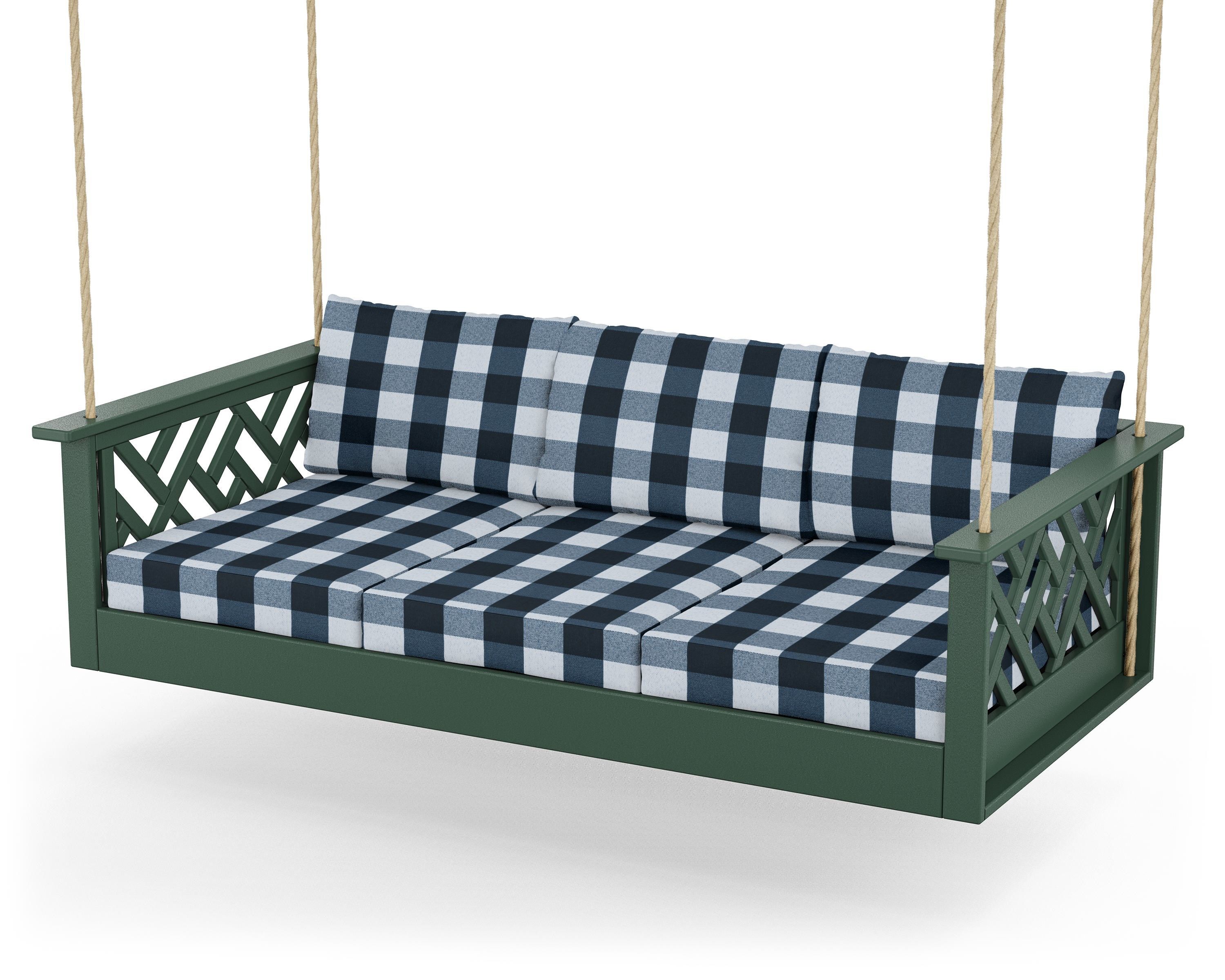 POLYWOOD® Chippendale Daybed Swing in Green / Buffalo Plaid Marine Indigo