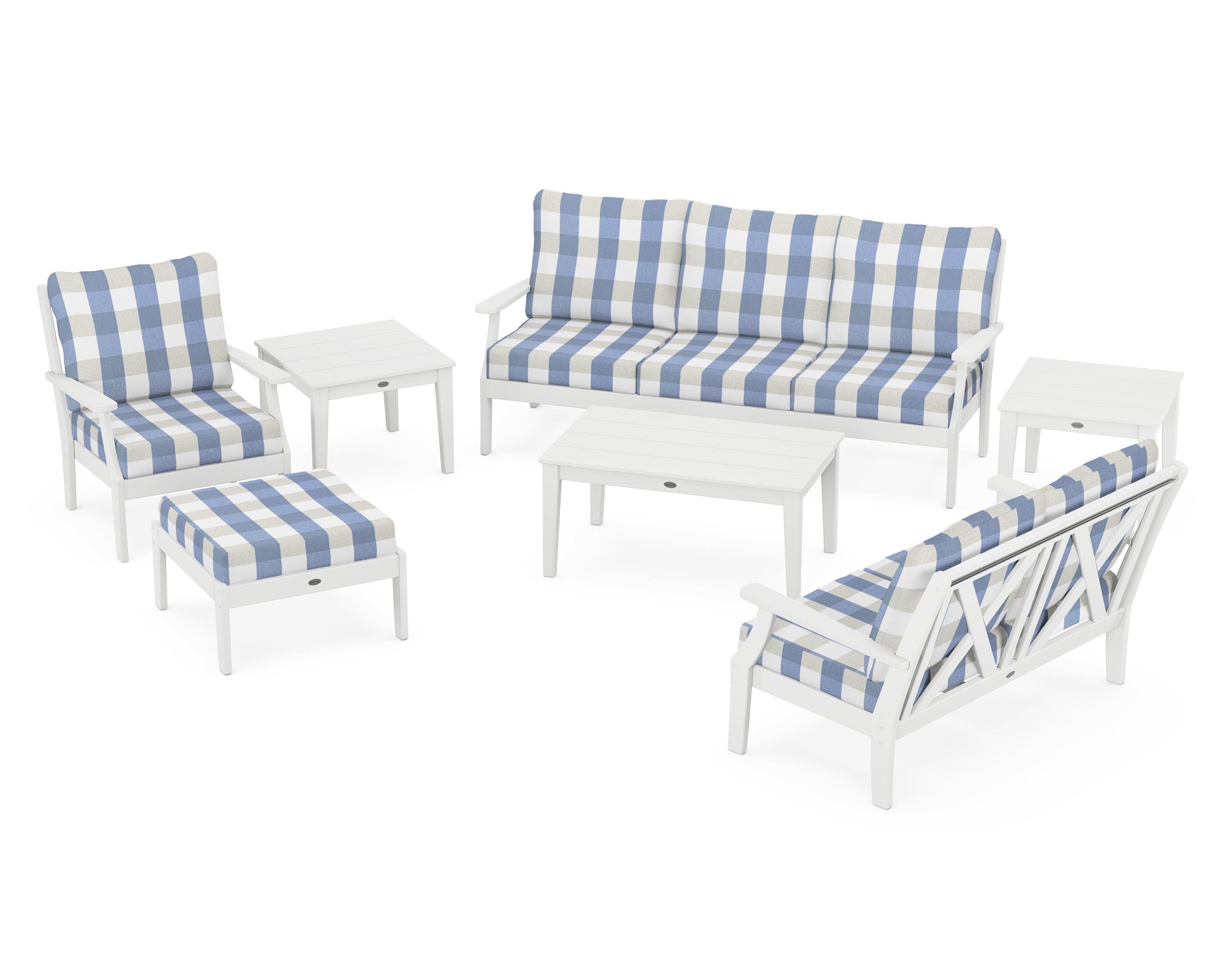 POLYWOOD® Braxton 7-Piece Deep Seating Set in White / Buffalo Plaid Sky Blue