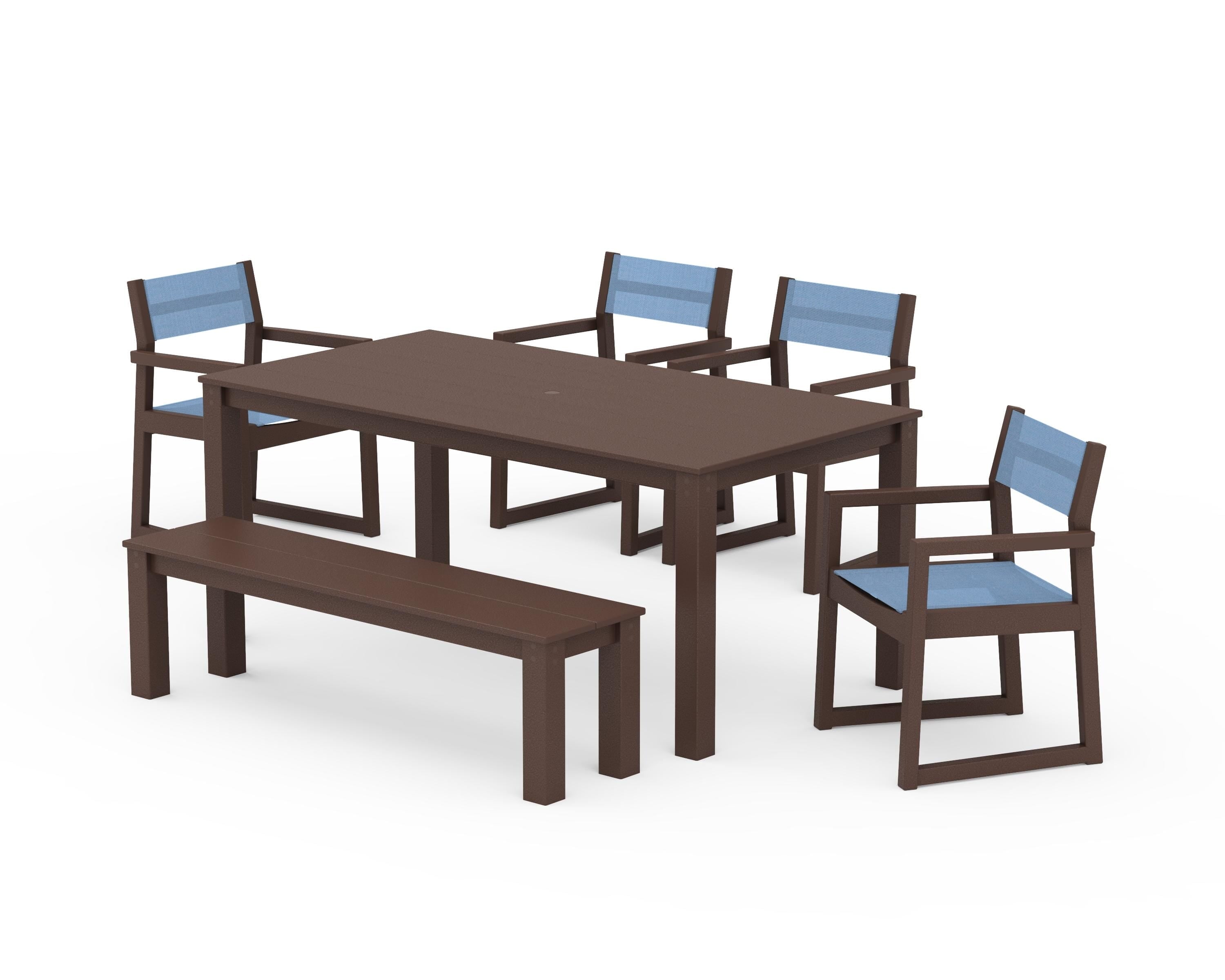 POLYWOOD® EDGE Sling Arm Chair 6-Piece Parsons Dining Set with Bench in Mahogany / Poolside Sling