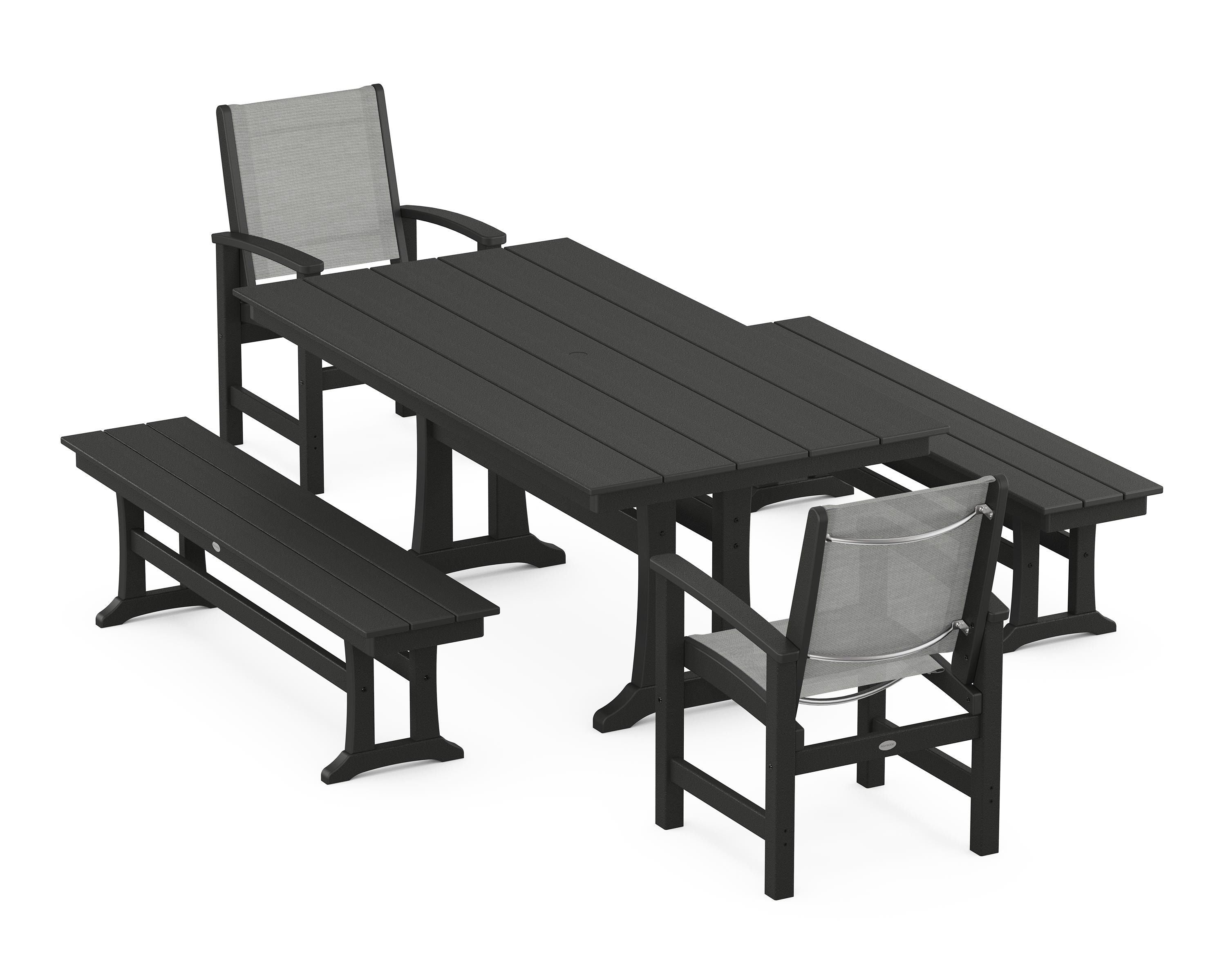 POLYWOOD® Coastal 5-Piece Farmhouse Dining Set with Trestle Legs and Benches in Black / Metallic Sling
