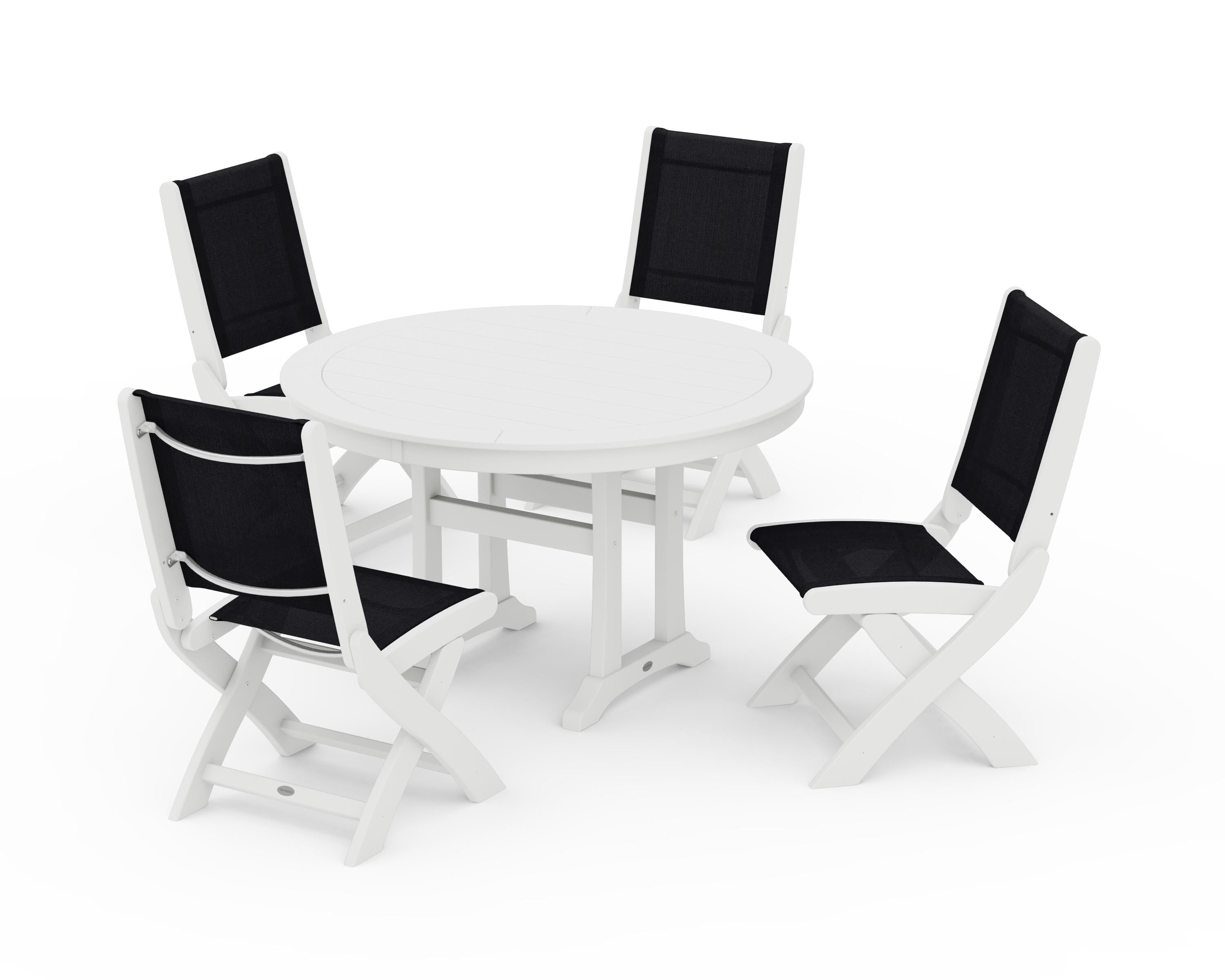 POLYWOOD® Coastal Folding Side Chair 5-Piece Round Dining Set With Trestle Legs in White / Black Sling