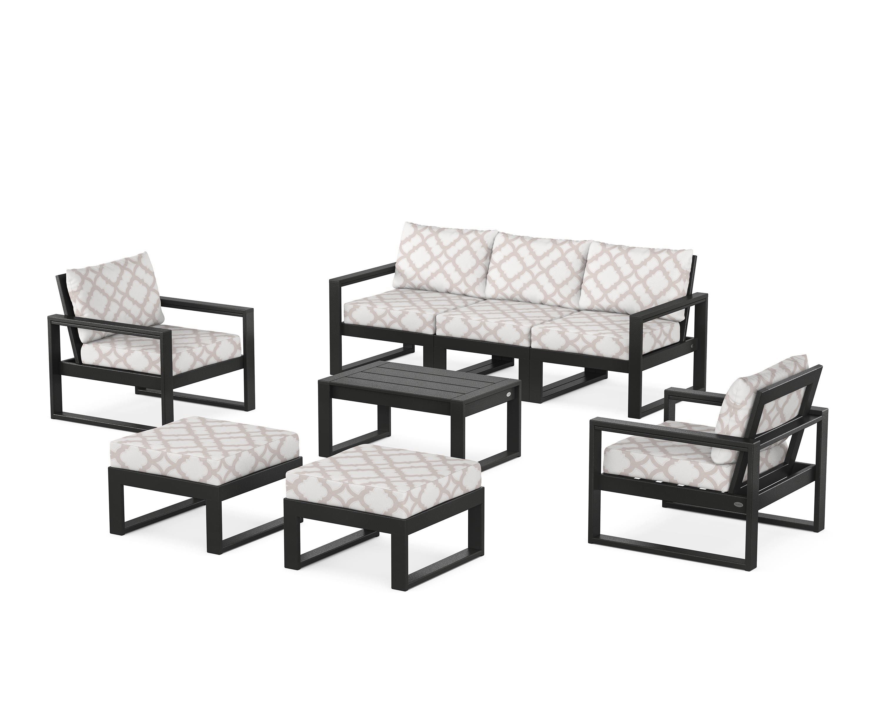 POLYWOOD® EDGE Sectional 8-Piece Lounge Sofa Set in Black / Trellis Dune Burlap