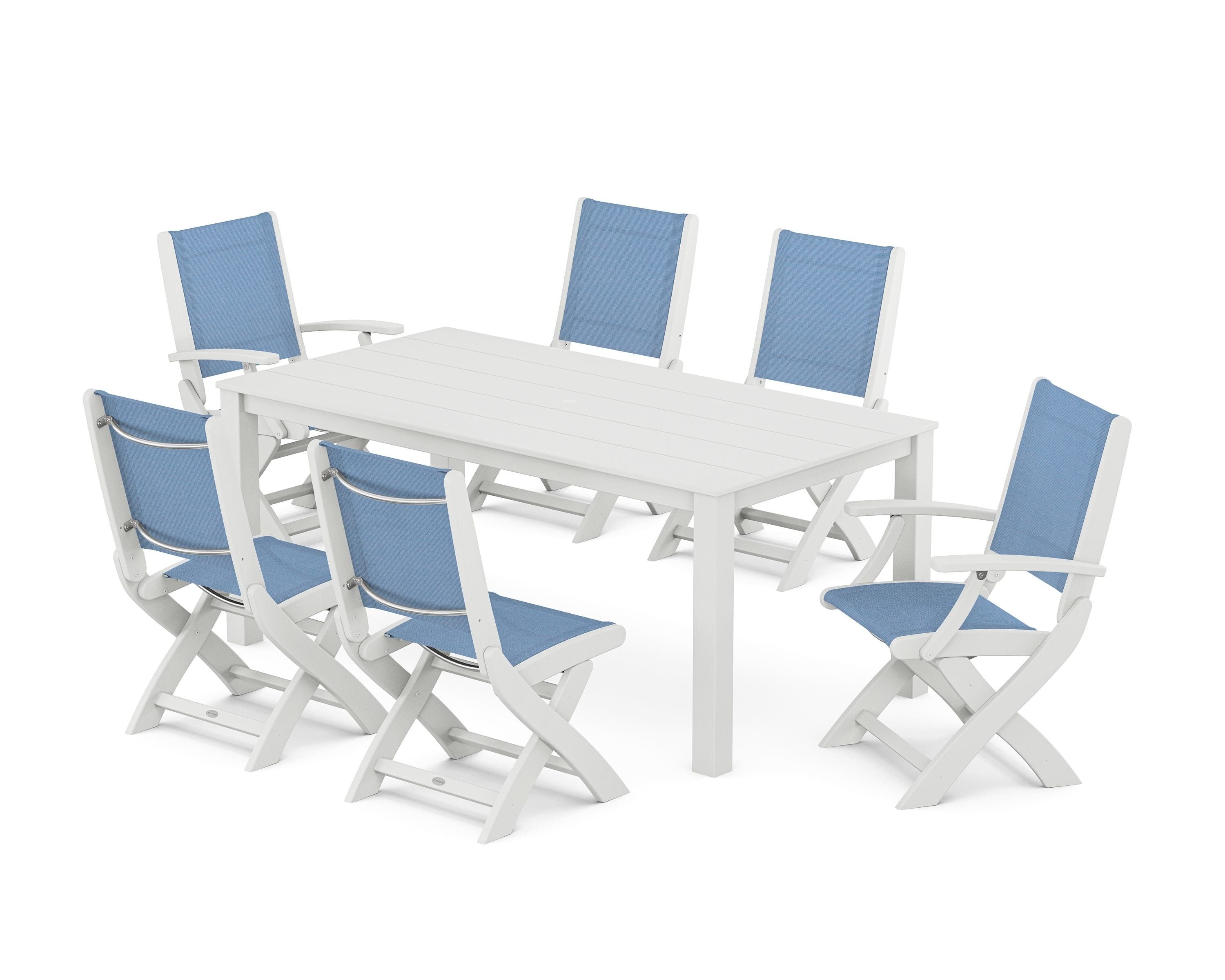 POLYWOOD® Coastal Folding Chair 7-Piece Parsons Dining Set in White / Poolside Sling