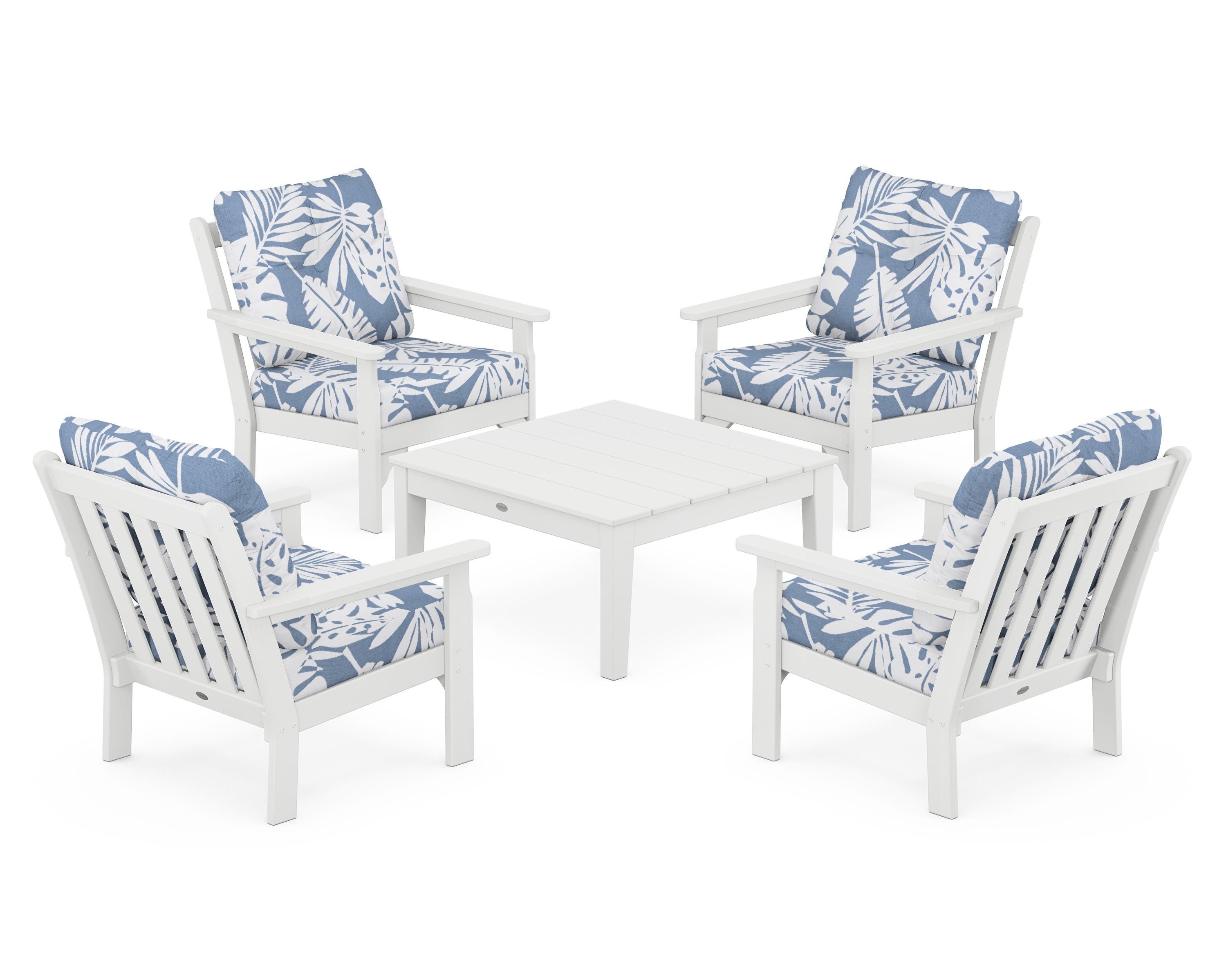POLYWOOD® Vineyard 5-Piece Deep Seating Conversation Set in White / Leaf Sky Blue