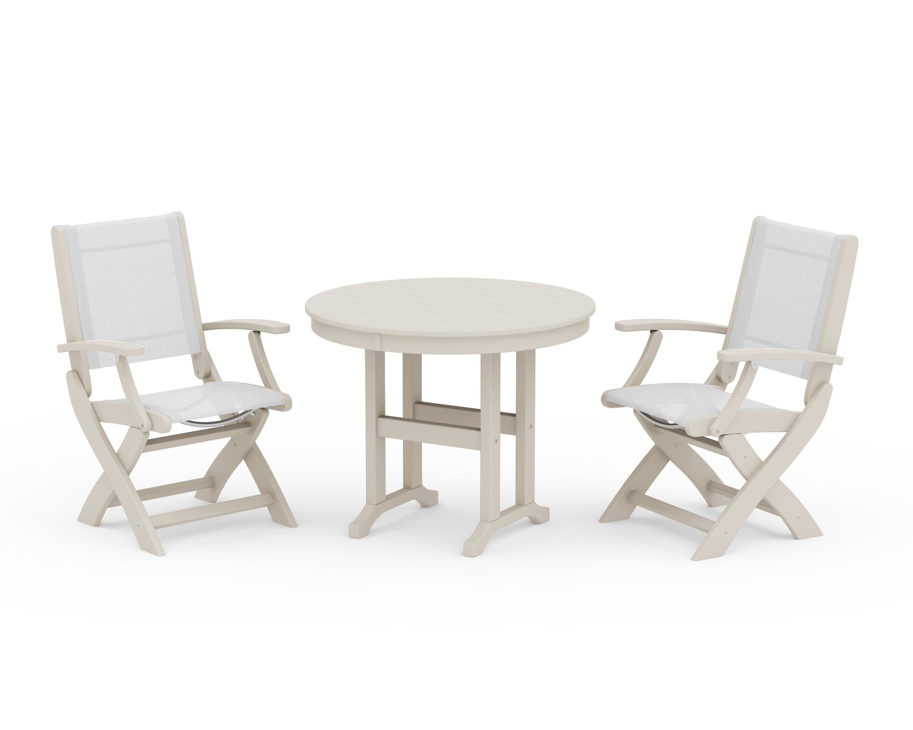 POLYWOOD® Coastal Folding Chair 3-Piece Round Dining Set in Sand / White Sling