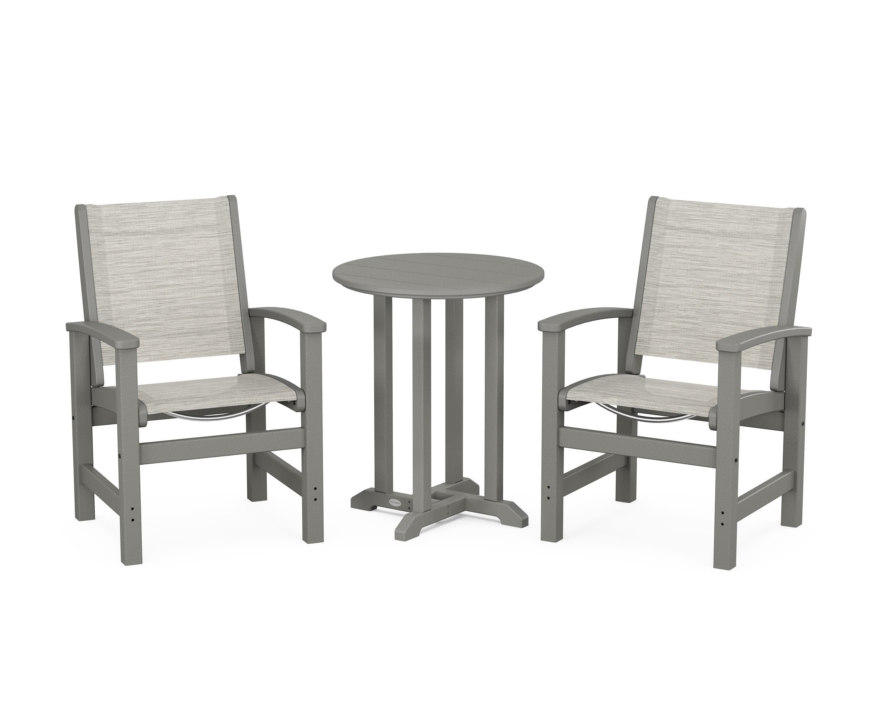 POLYWOOD® Coastal 3-Piece Round Bistro Dining Set in Slate Grey / Birch Sling