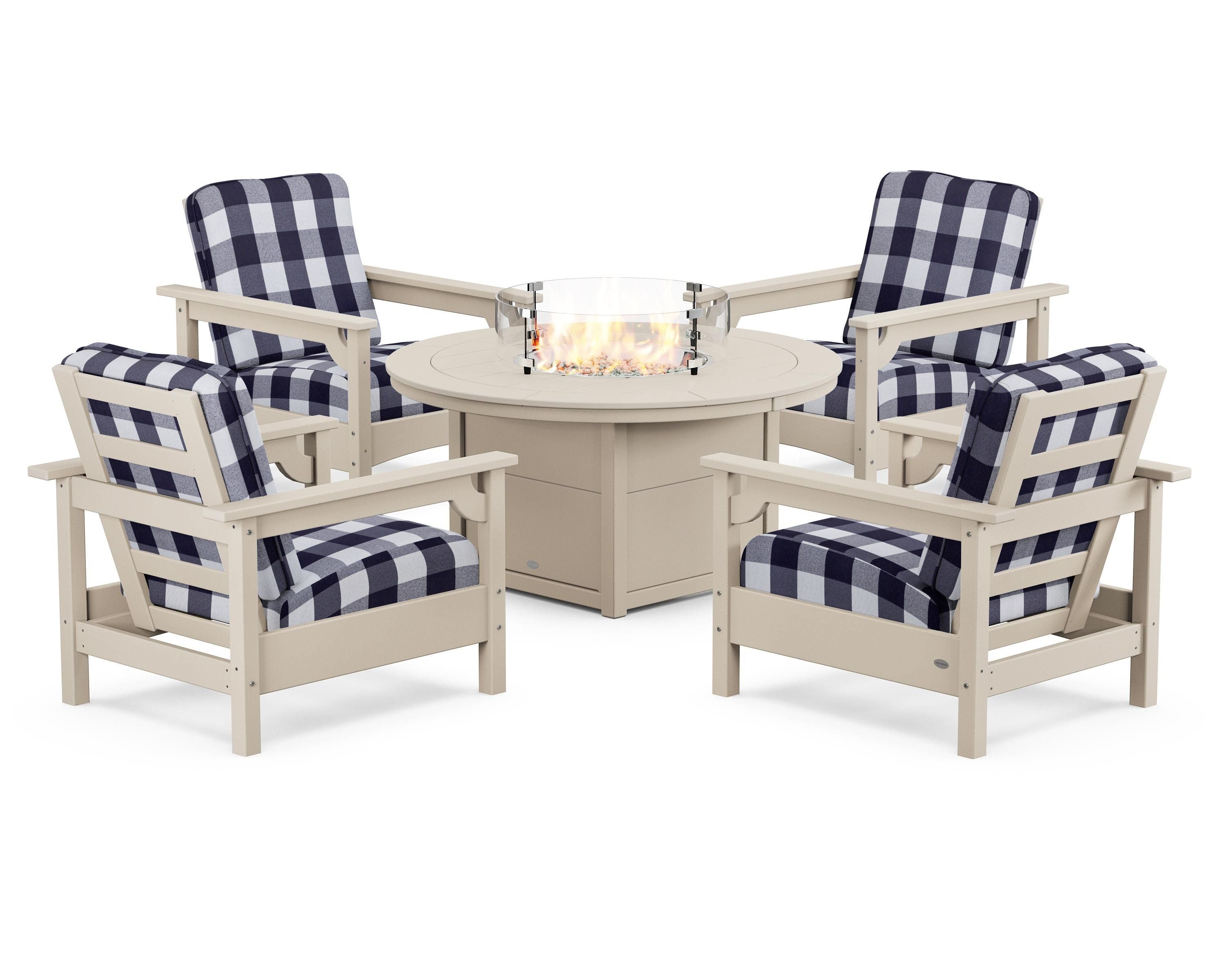POLYWOOD® Club 5-Piece Conversation Set with Fire Pit Table in Sand / Buffalo Plaid Navy