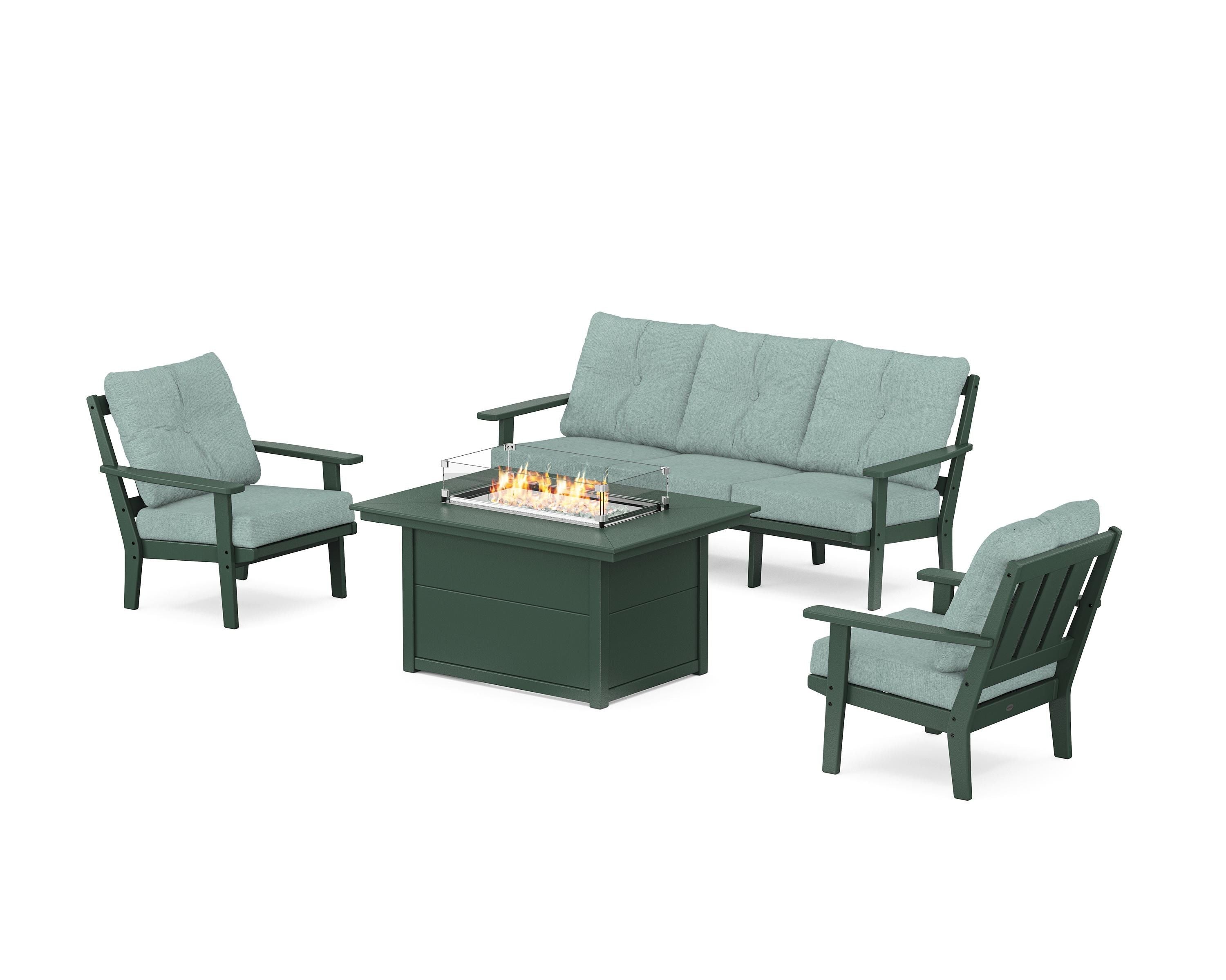 POLYWOOD® Oxford Deep Seating Fire Pit Table Set in Green / Glacier Spa