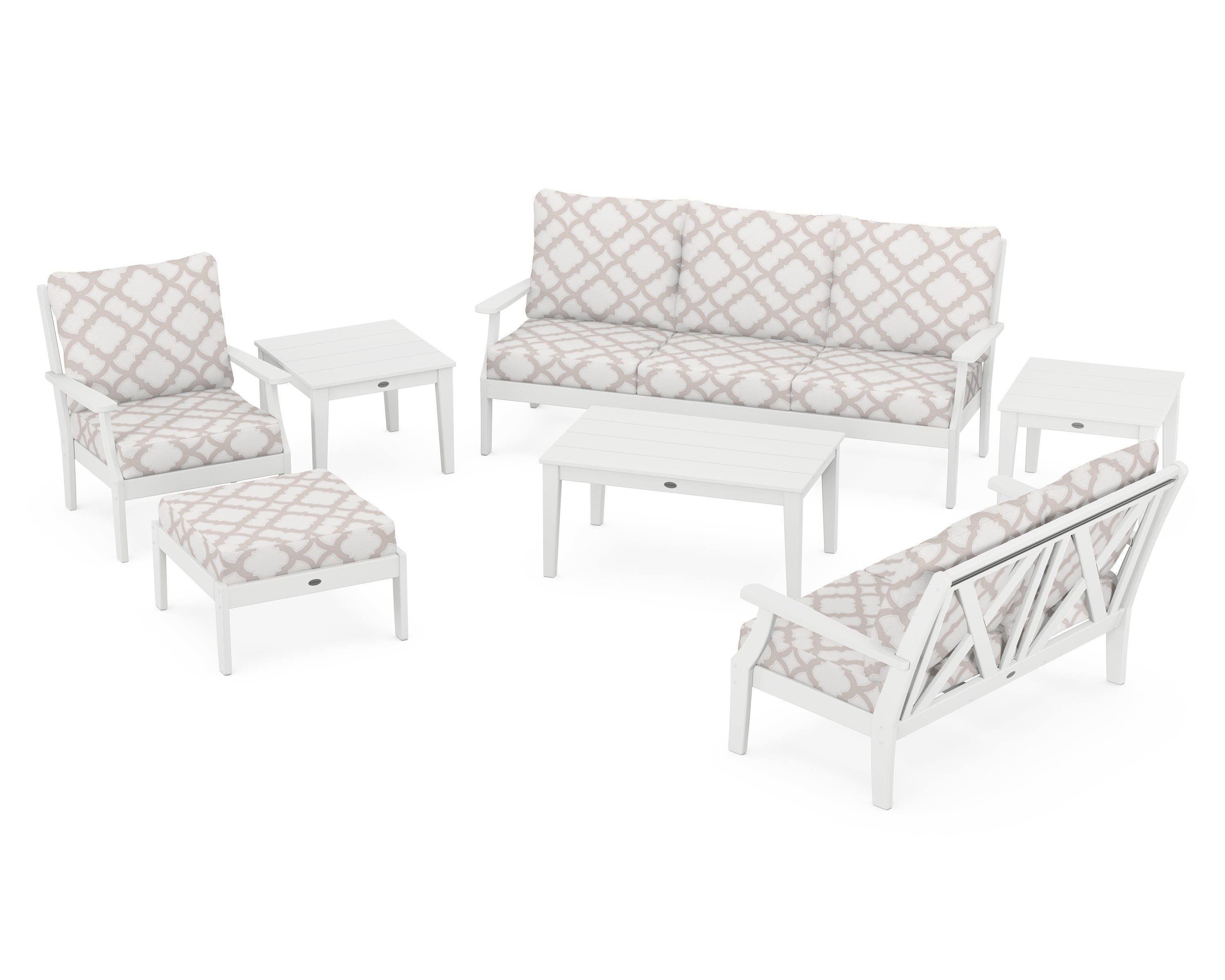 POLYWOOD® Braxton 7-Piece Deep Seating Set in White / Trellis Dune Burlap