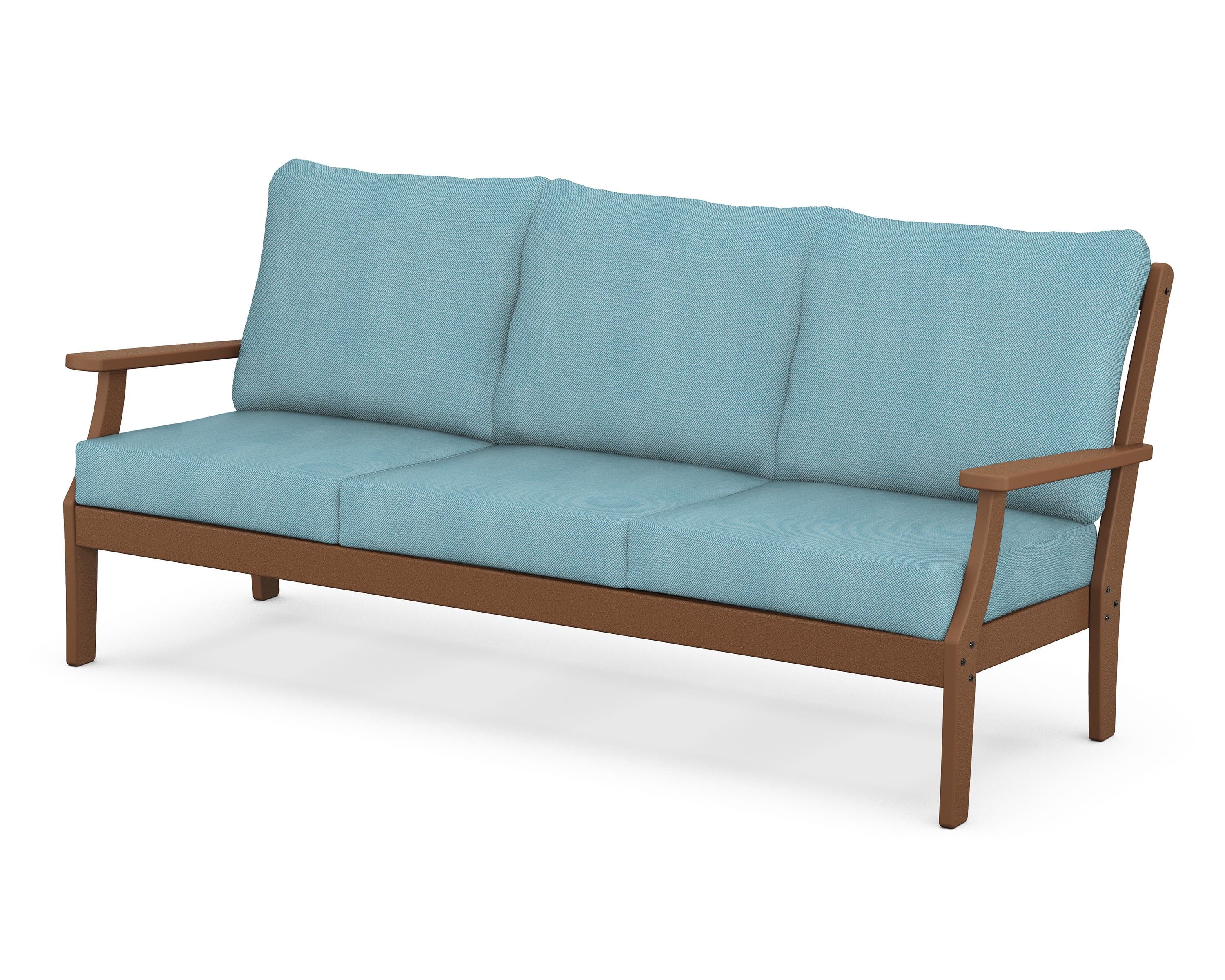 POLYWOOD® Braxton Deep Seating Sofa in Teak / Lattice Sky Blue