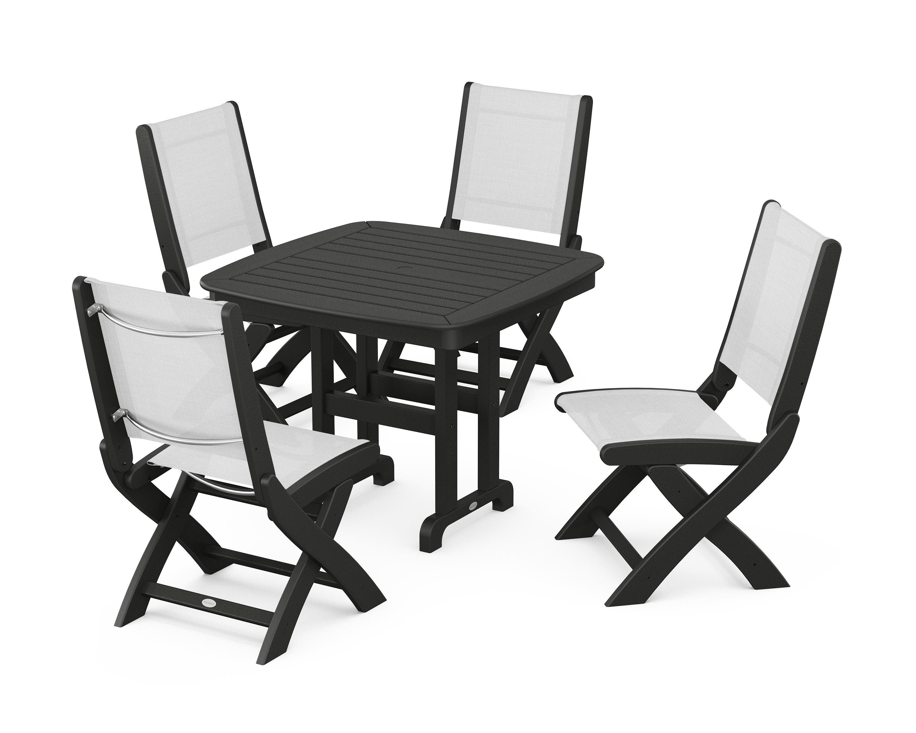 POLYWOOD® Coastal Folding Side Chair 5-Piece Dining Set in Black / White Sling