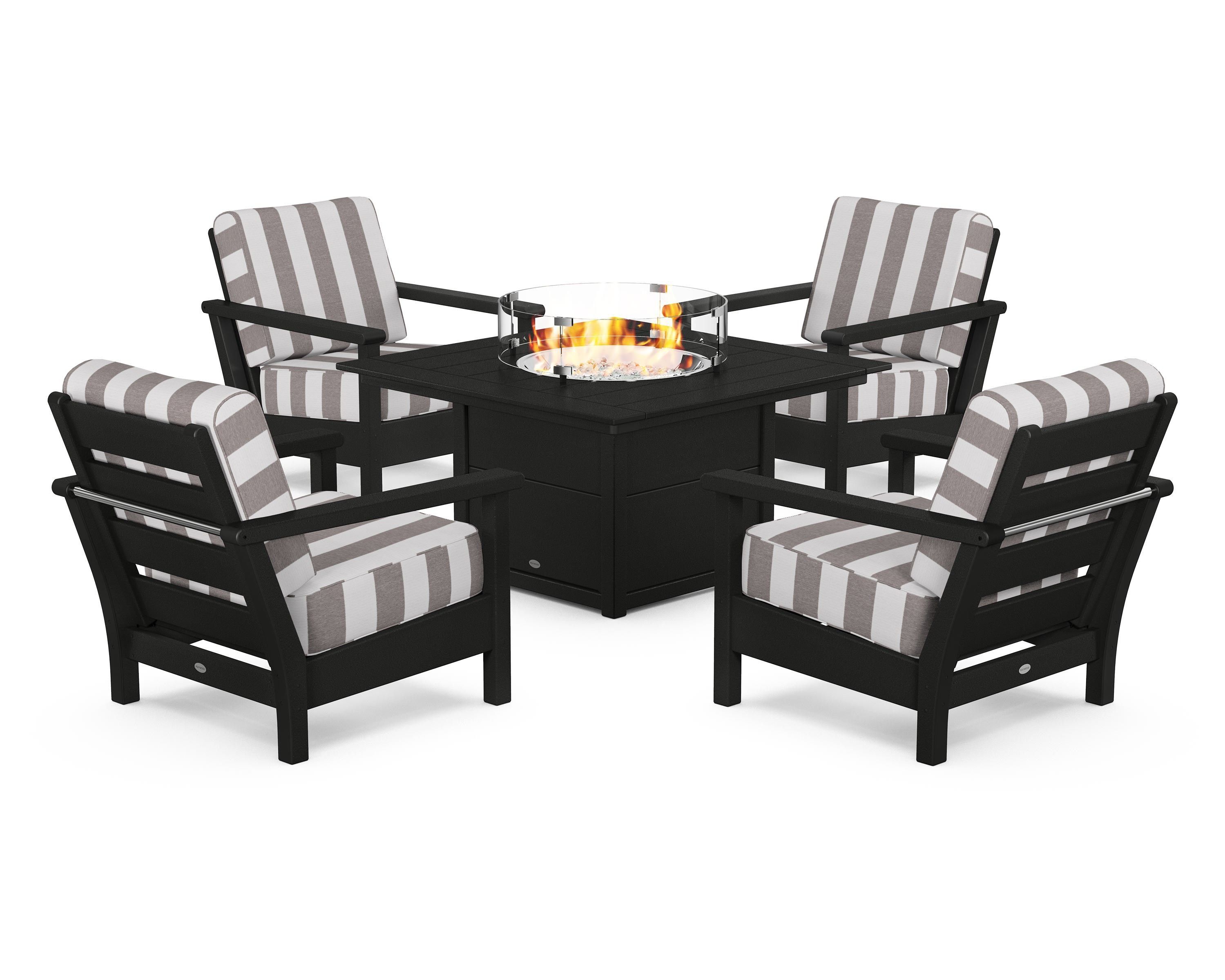 POLYWOOD® Harbour 5-Piece Conversation Set with Fire Pit Table in Black / Cabana Stripe Grey Mist