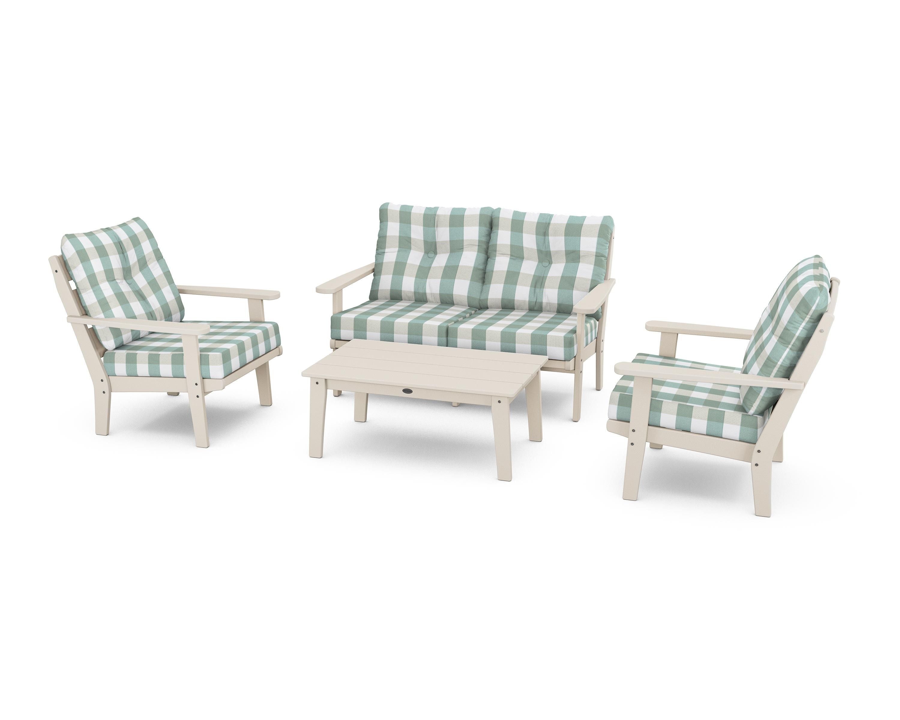POLYWOOD® Lakeside 4-Piece Deep Seating Set in Sand / Buffalo Plaid Glacier Spa
