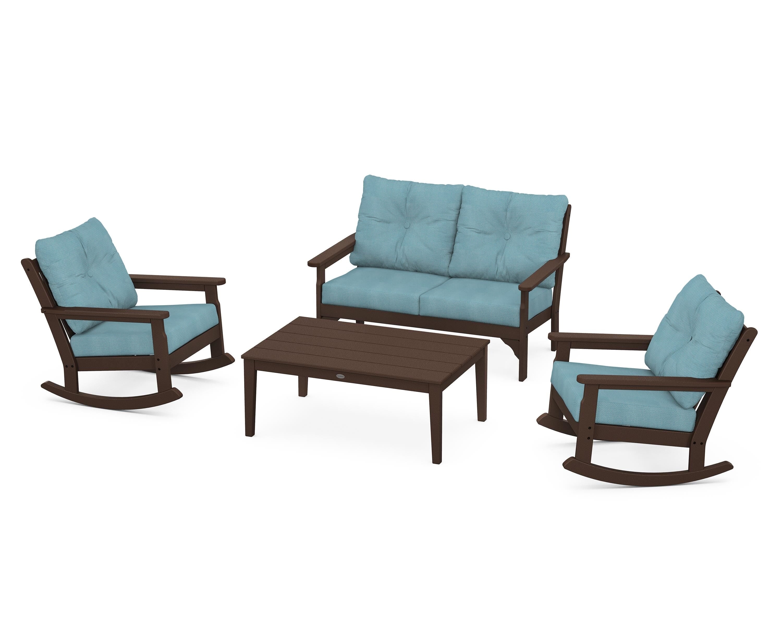 POLYWOOD® Vineyard 4-Piece Deep Seating Rocking Chair Set in Mahogany / Lattice Sky Blue