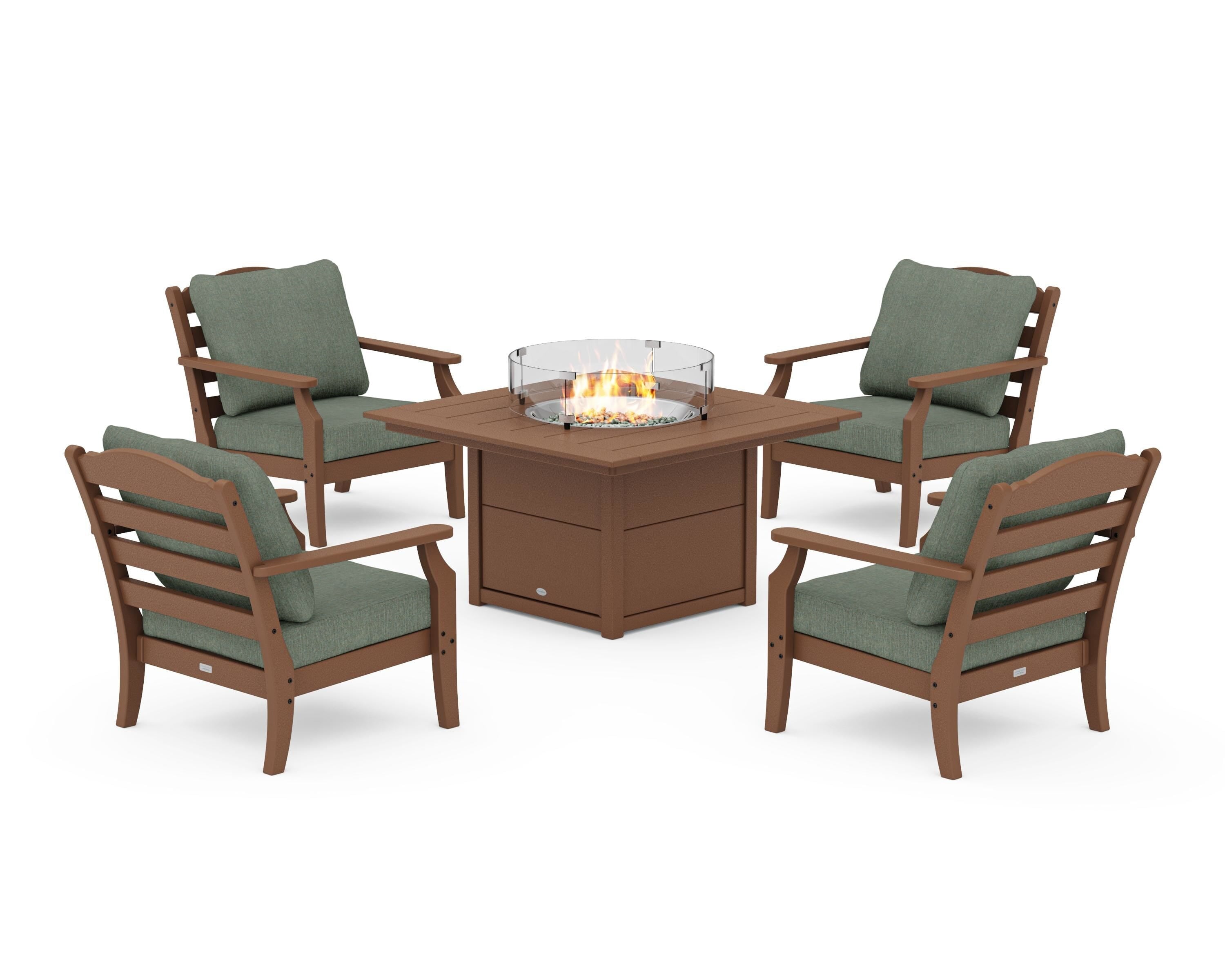 Draper James™ by POLYWOOD® Savannah 5-Piece Deep Seating Set with Fire Pit Table in Teak / Cast Sage