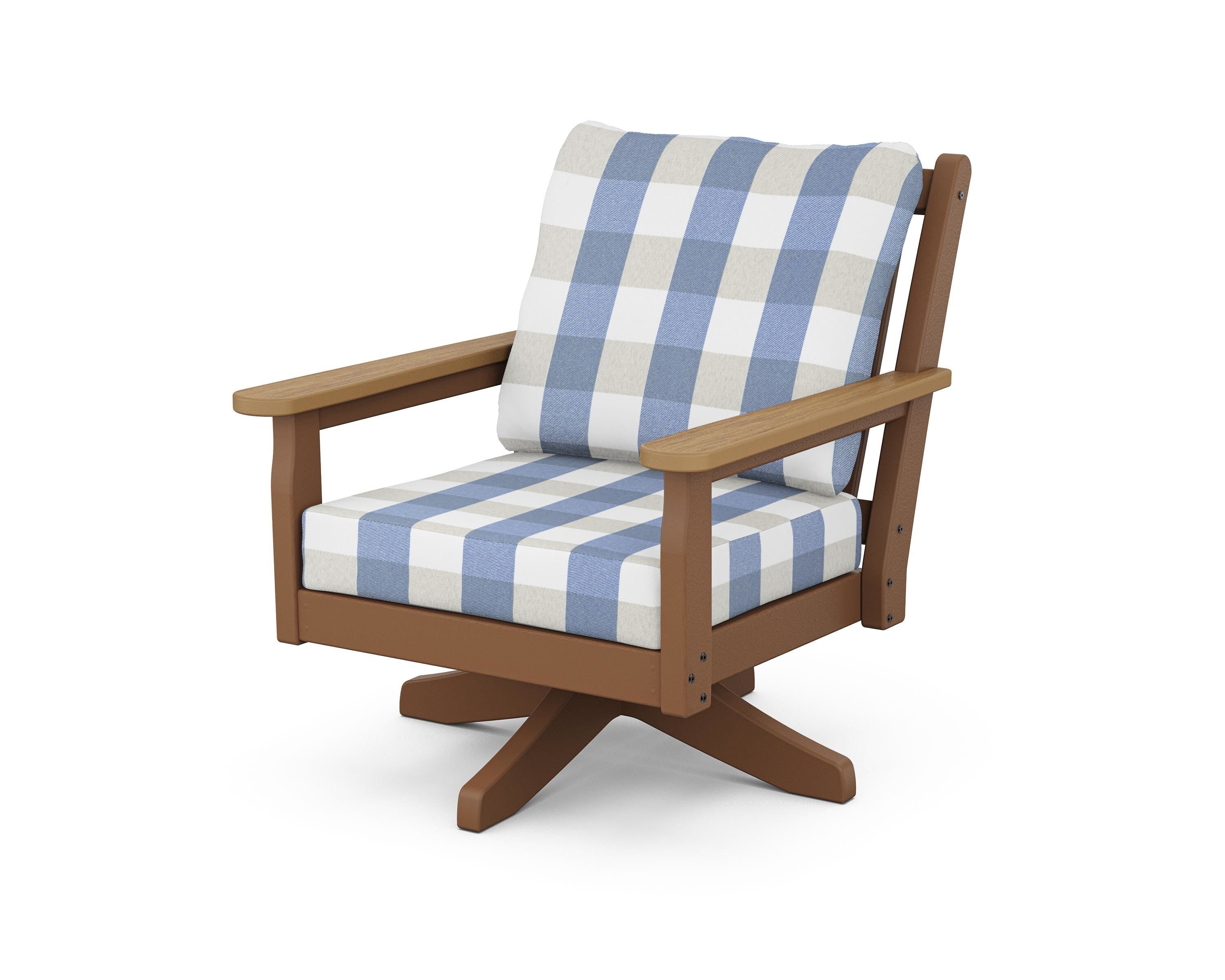 POLYWOOD® Chippendale Deep Seating Swivel Chair in Teak / Natural / Buffalo Plaid Sky Blue