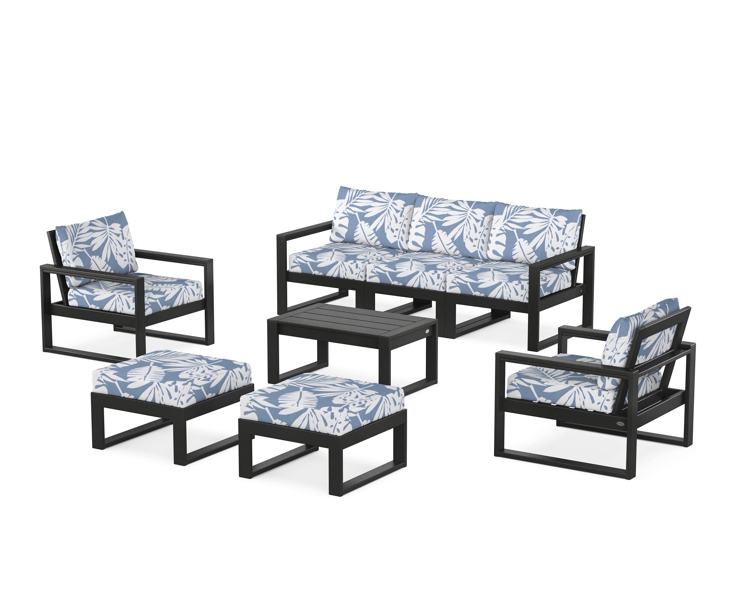 POLYWOOD® EDGE Sectional 8-Piece Lounge Sofa Set in Black / Leaf Sky Blue