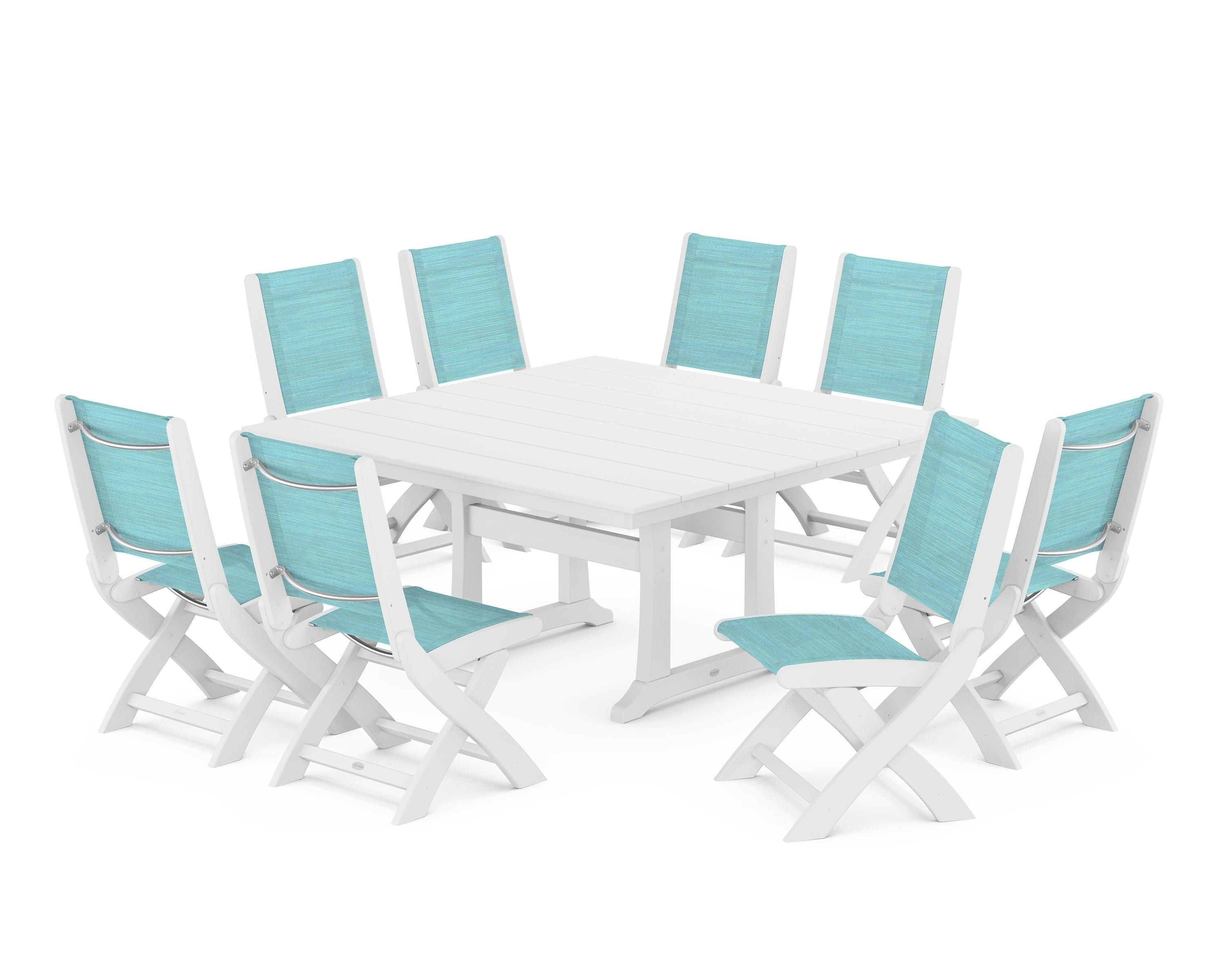 POLYWOOD® Coastal Folding Side Chair 9-Piece Farmhouse Dining Set in White / Dupioni Aquamarine Sling